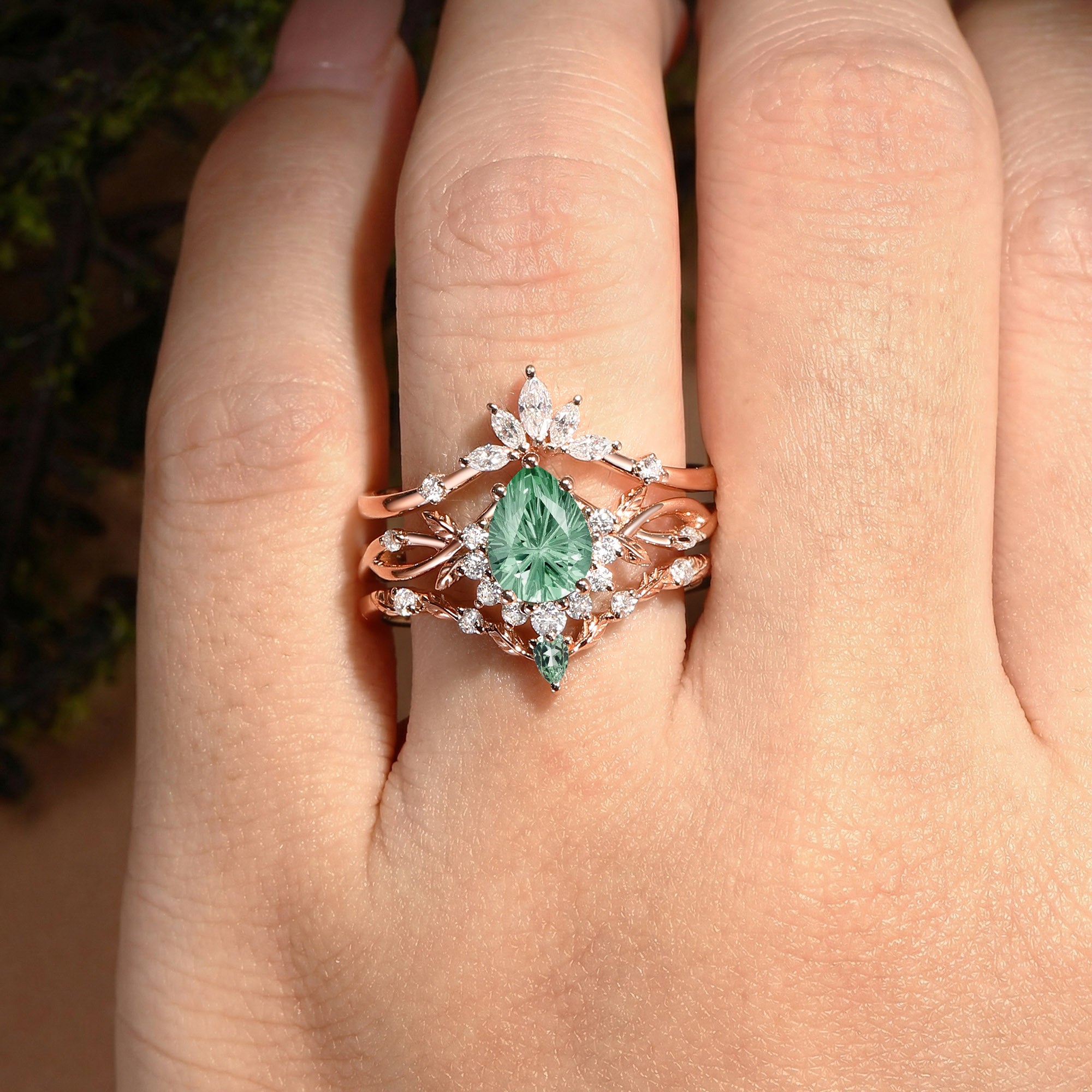 Fireworks Cut Pear Green Sapphire Enhancer Engagement Ring Set 3pcs - Drisana