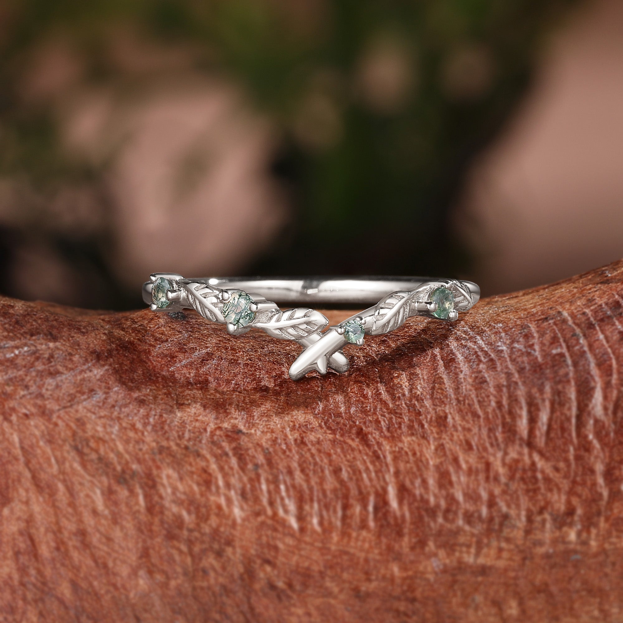 Moss Agate Leafy Wedding Band - Clarissa