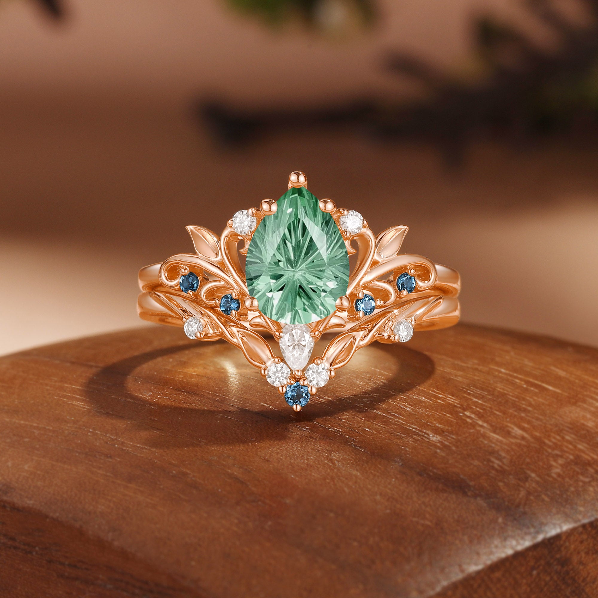 Floral Fairy  Firework Cut Pear Green Sapphire Leafy Bridal Set 2pcs - Liliosa