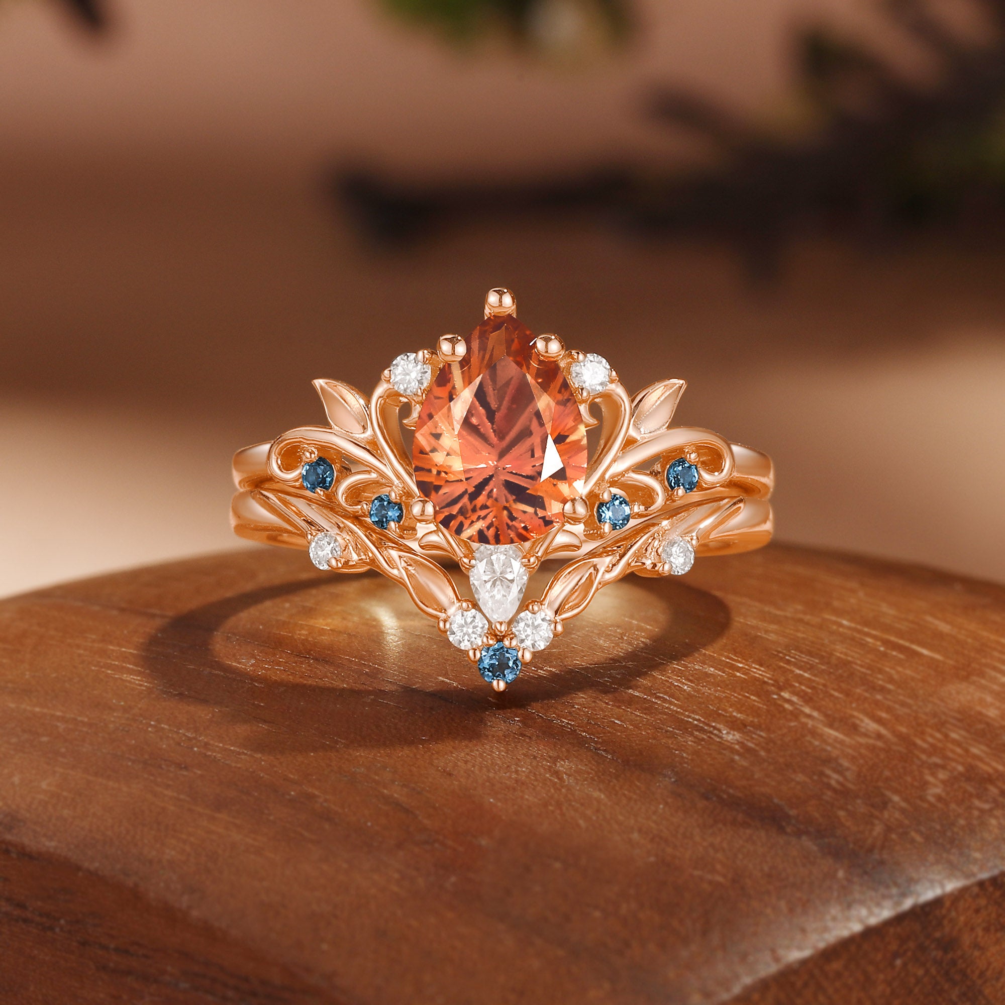 Floral Fairy  Firework Cut Pear Orange Sapphire Leafy Bridal Set 2pcs - Liliosa