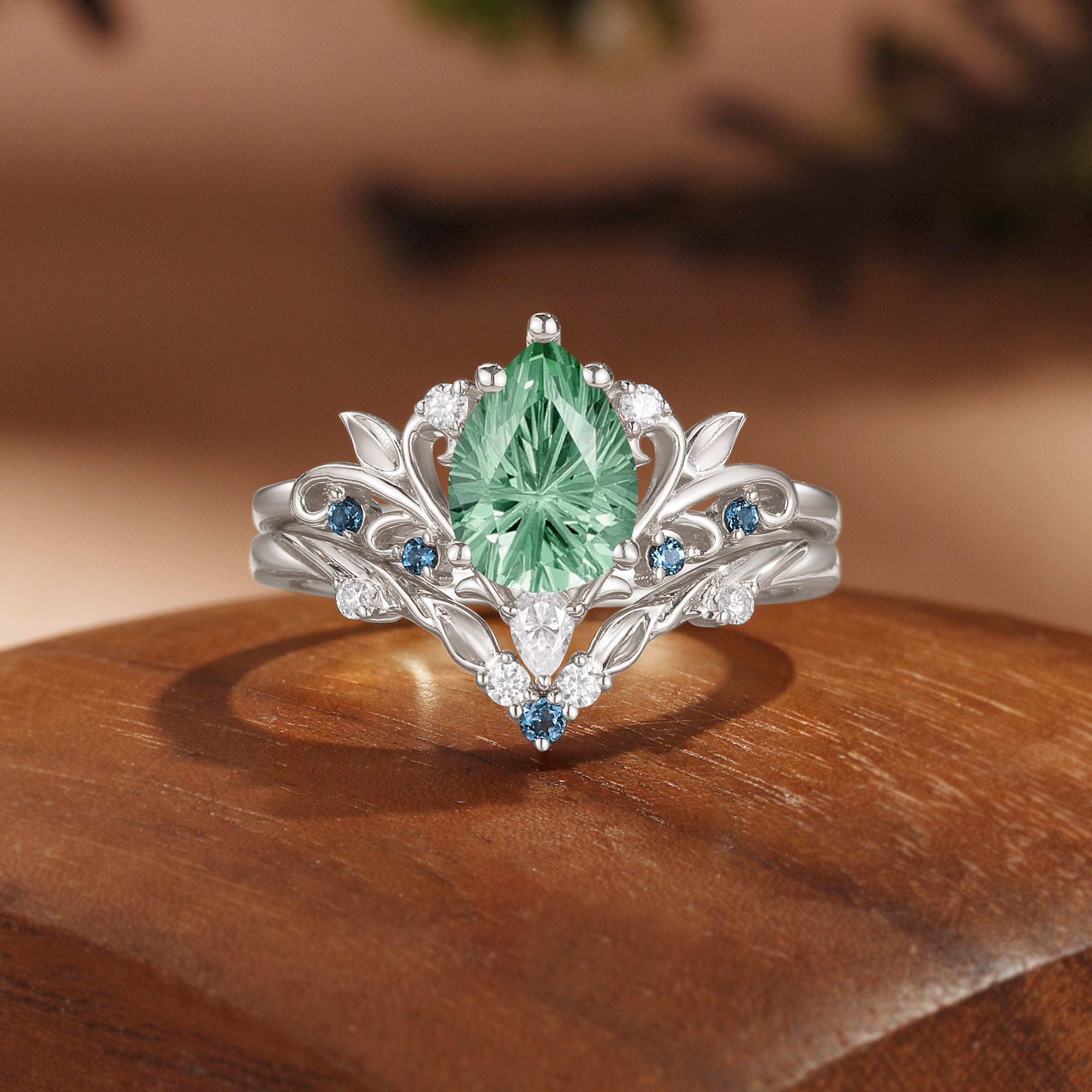 Floral Fairy  Firework Cut Pear Green Sapphire Leafy Bridal Set 2pcs - Liliosa