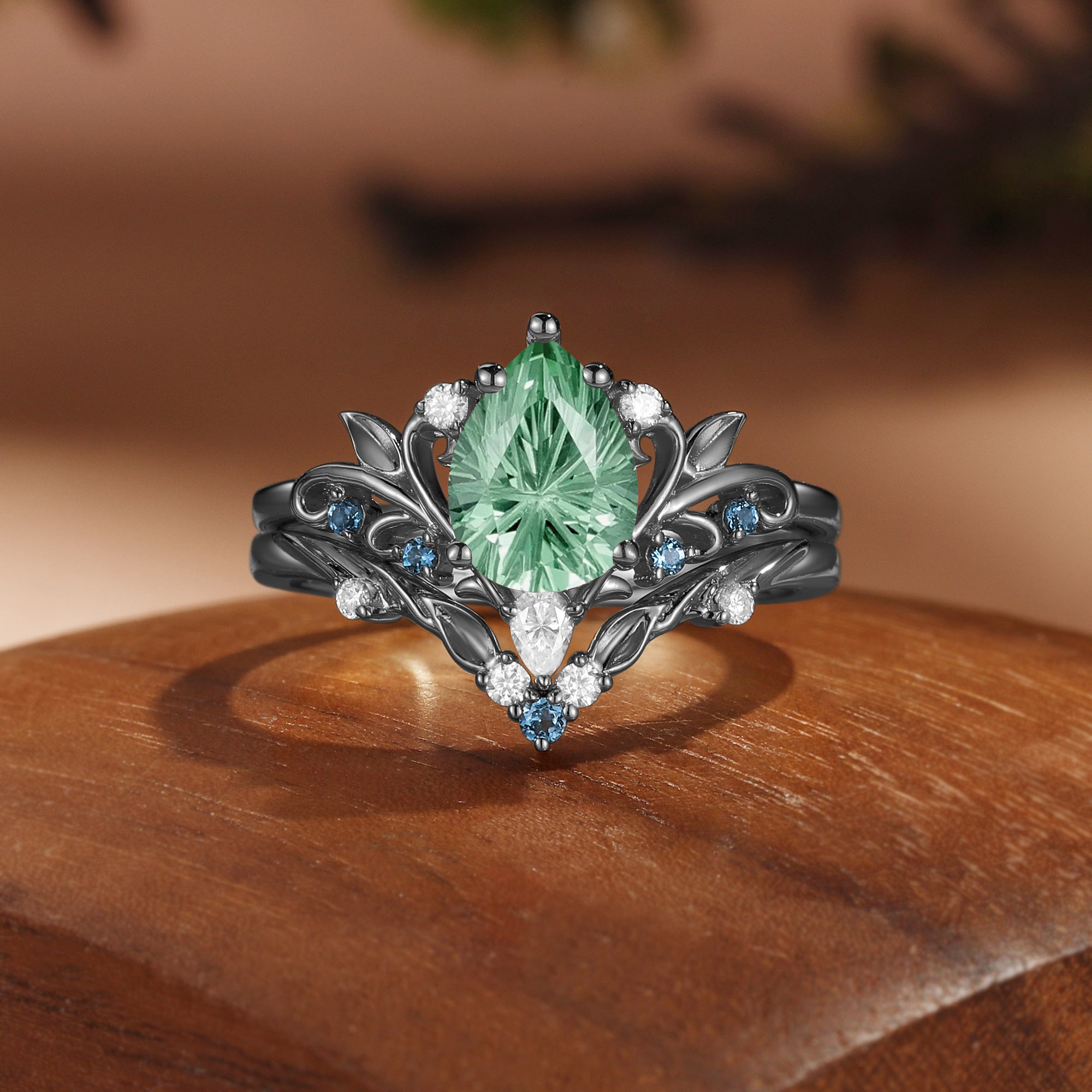 Floral Fairy  Firework Cut Pear Green Sapphire Leafy Bridal Set 2pcs - Liliosa