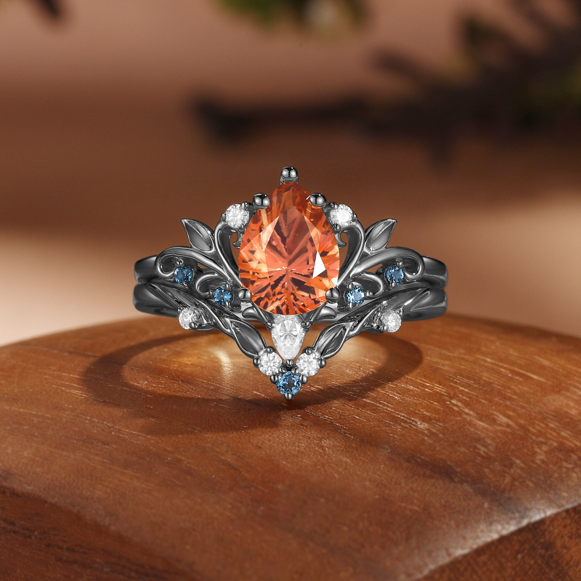 Floral Fairy  Firework Cut Pear Orange Sapphire Leafy Bridal Set 2pcs - Liliosa