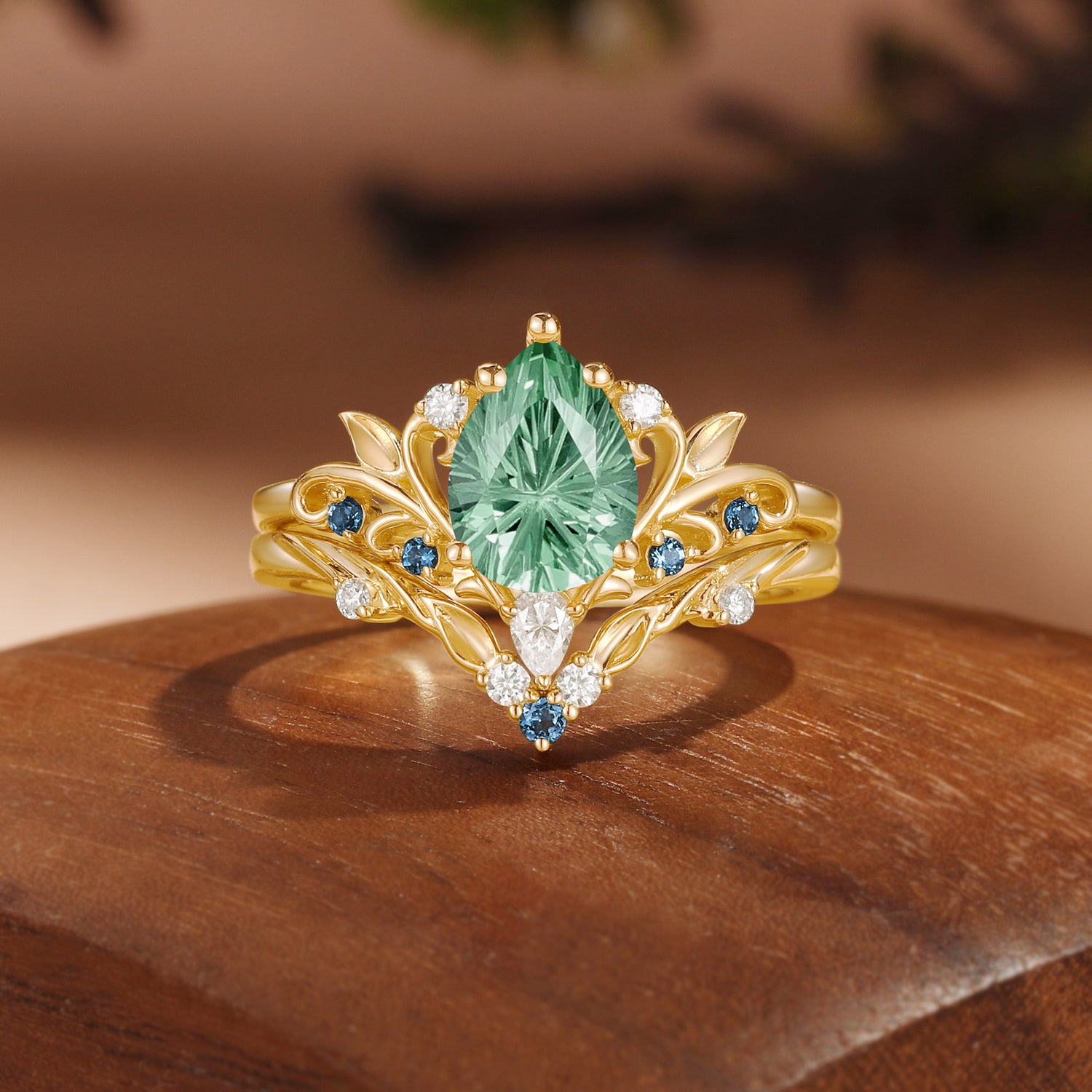 Radiant Fairy  Firework Cut Pear Green Sapphire Leafy Bridal Set 2pcs - Liliosa