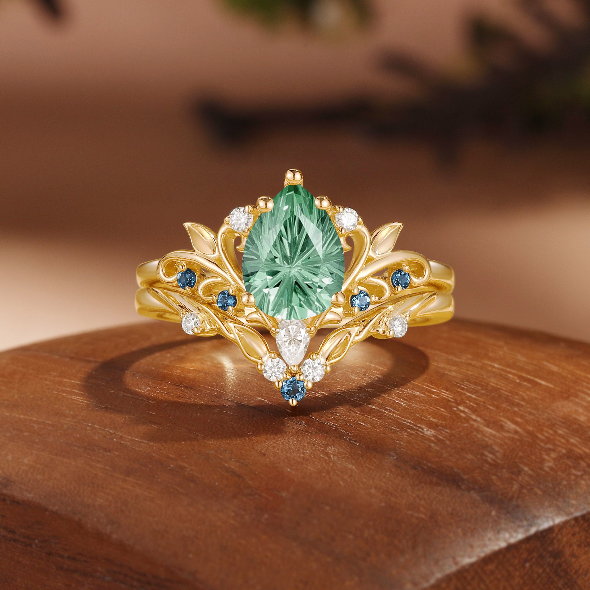 Radiant Fairy  Firework Cut Pear Green Sapphire Leafy Bridal Set 2pcs - Liliosa
