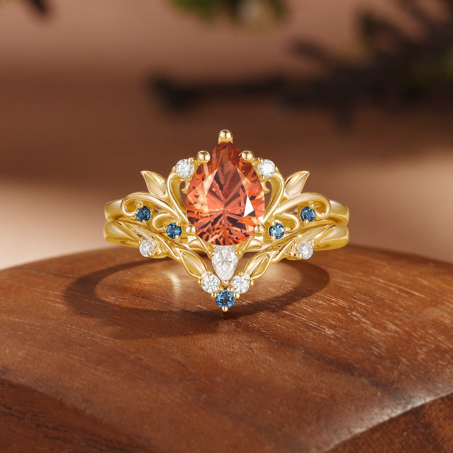 Radiant Fairy  Firework Cut Pear Orange Sapphire Leafy Bridal Set 2pcs - Liliosa