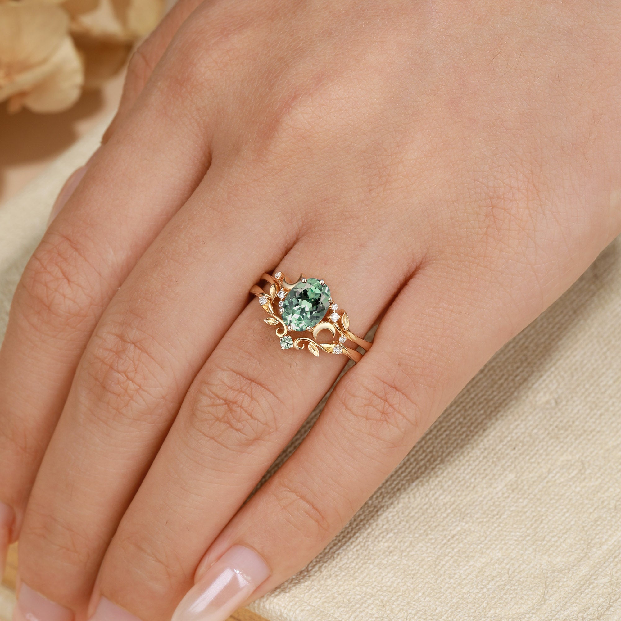 Moonlight Fairy Oval Cut Green Sapphire Leafy Bridal Sets 2pcs - Meriel