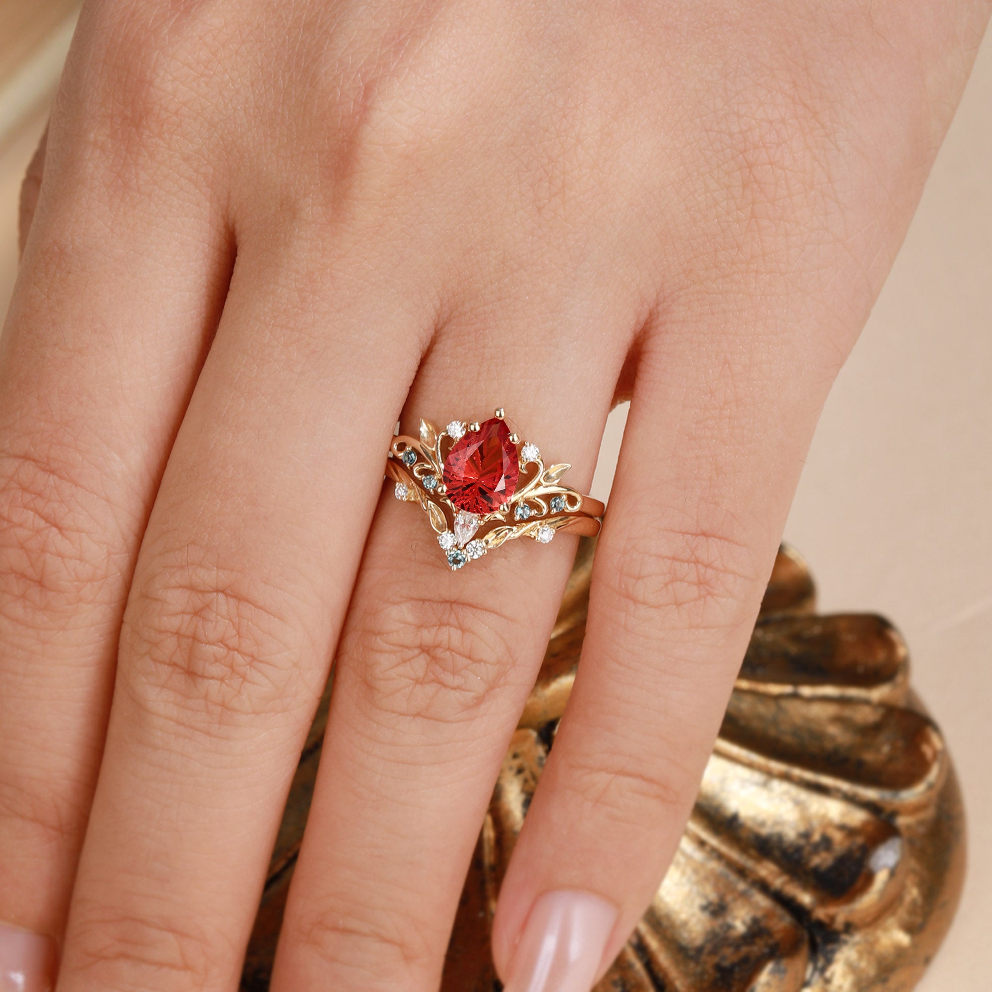 Radiant Fairy  Firework Cut Pear Orange Sapphire Leafy Bridal Set 2pcs - Liliosa
