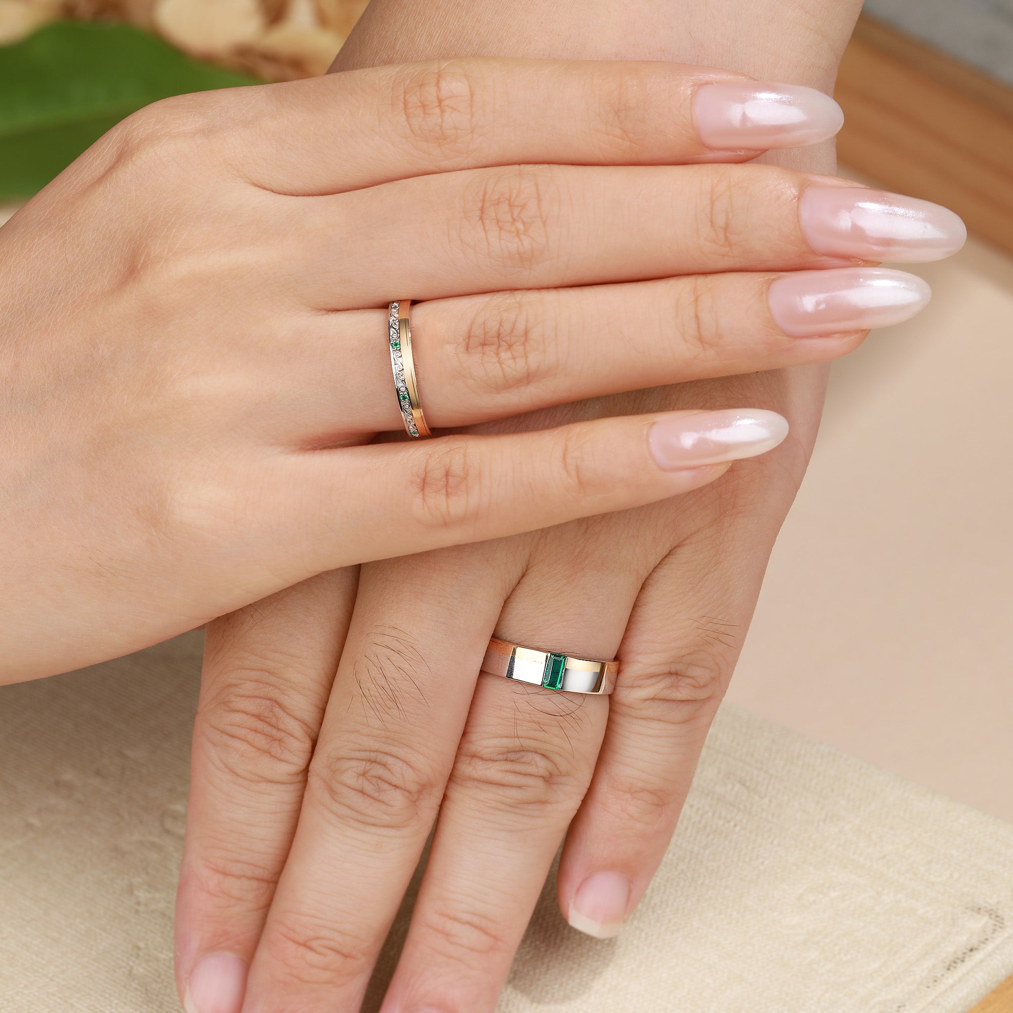 Two-Tone Emerald Filigree Couple Wedding Band
