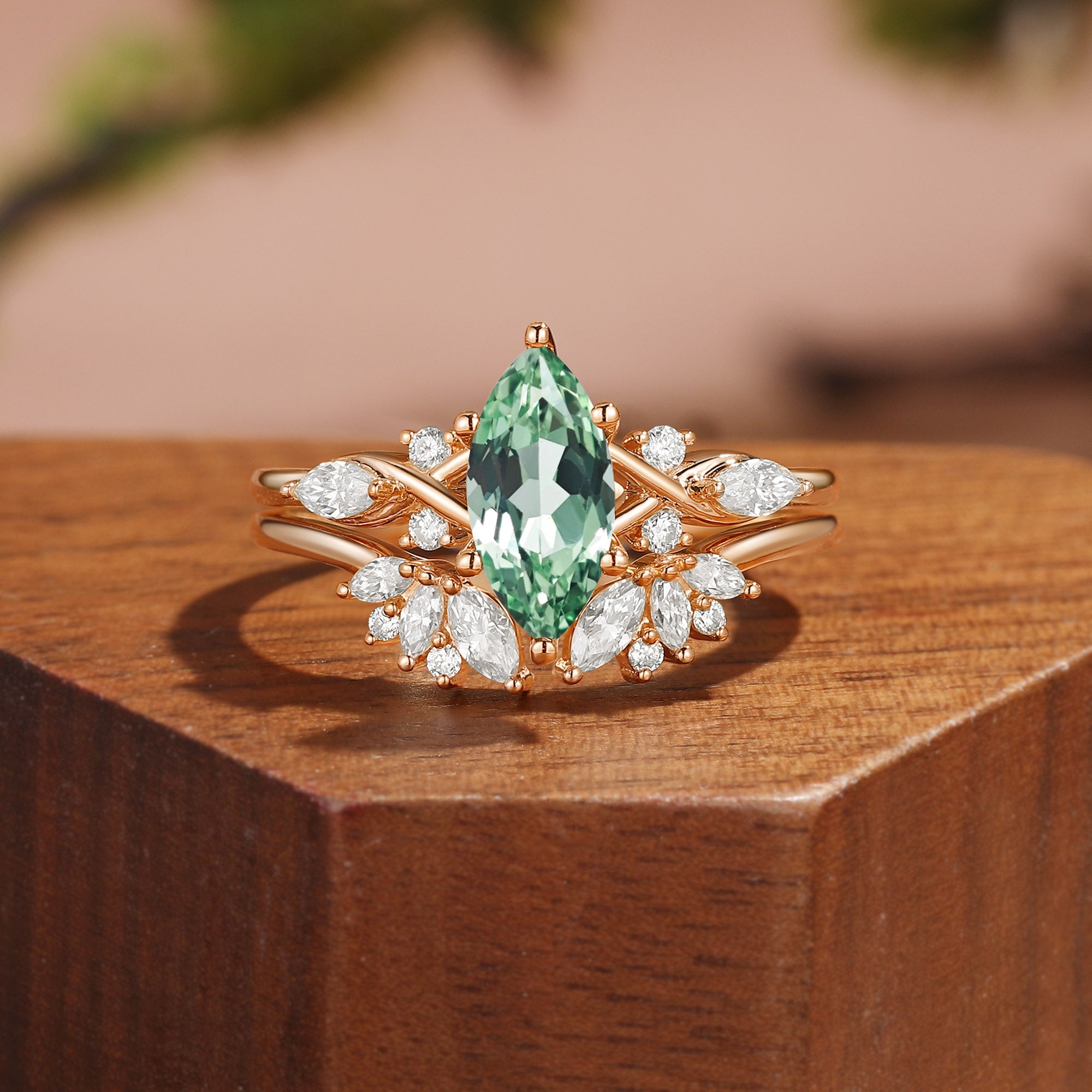 Vintage Marquise Cut Green Moissanite Leafy Floral Cluster Bridal Set 2pcs - Ivy