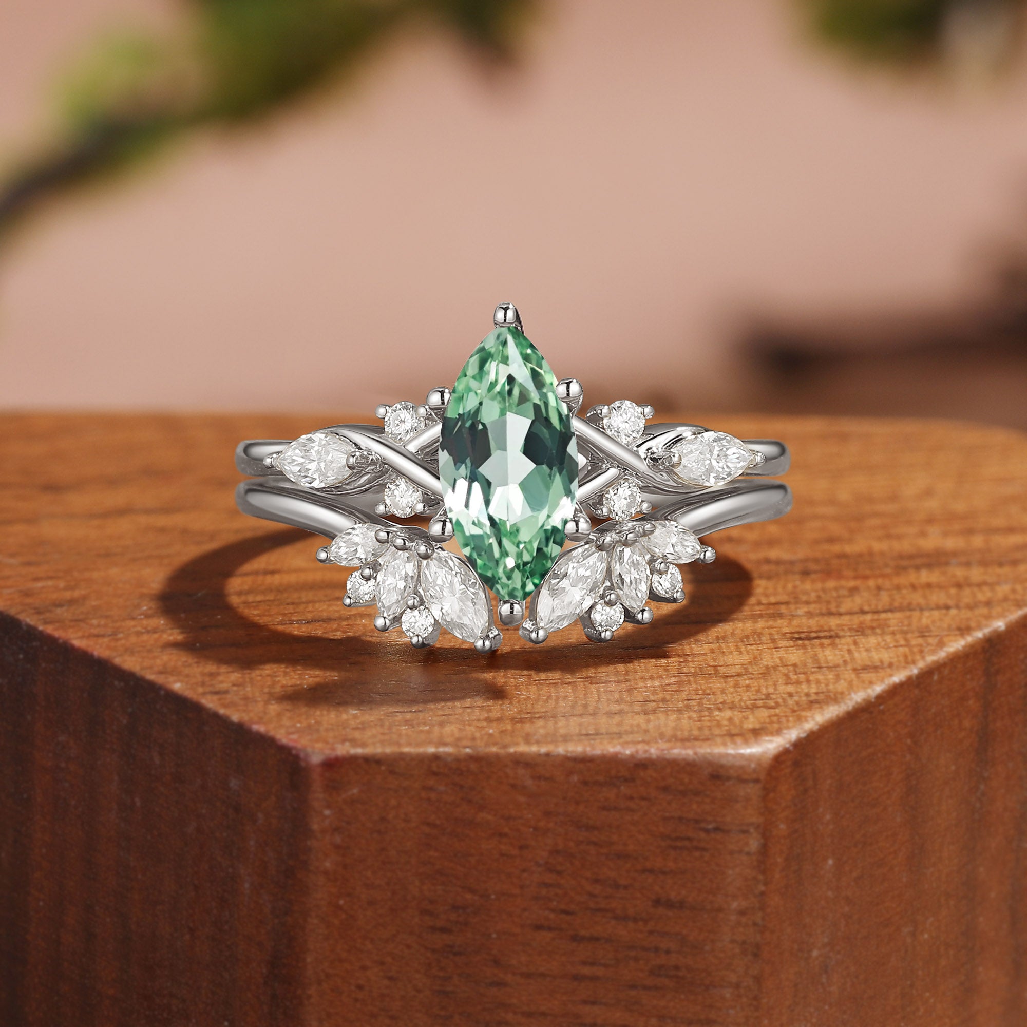 Vintage Marquise Cut Green Moissanite Leafy Floral Cluster Bridal Set 2pcs - Ivy