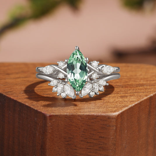 Vintage Marquise Cut Green Moissanite Leafy Floral Cluster Bridal Set 2pcs - Ivy