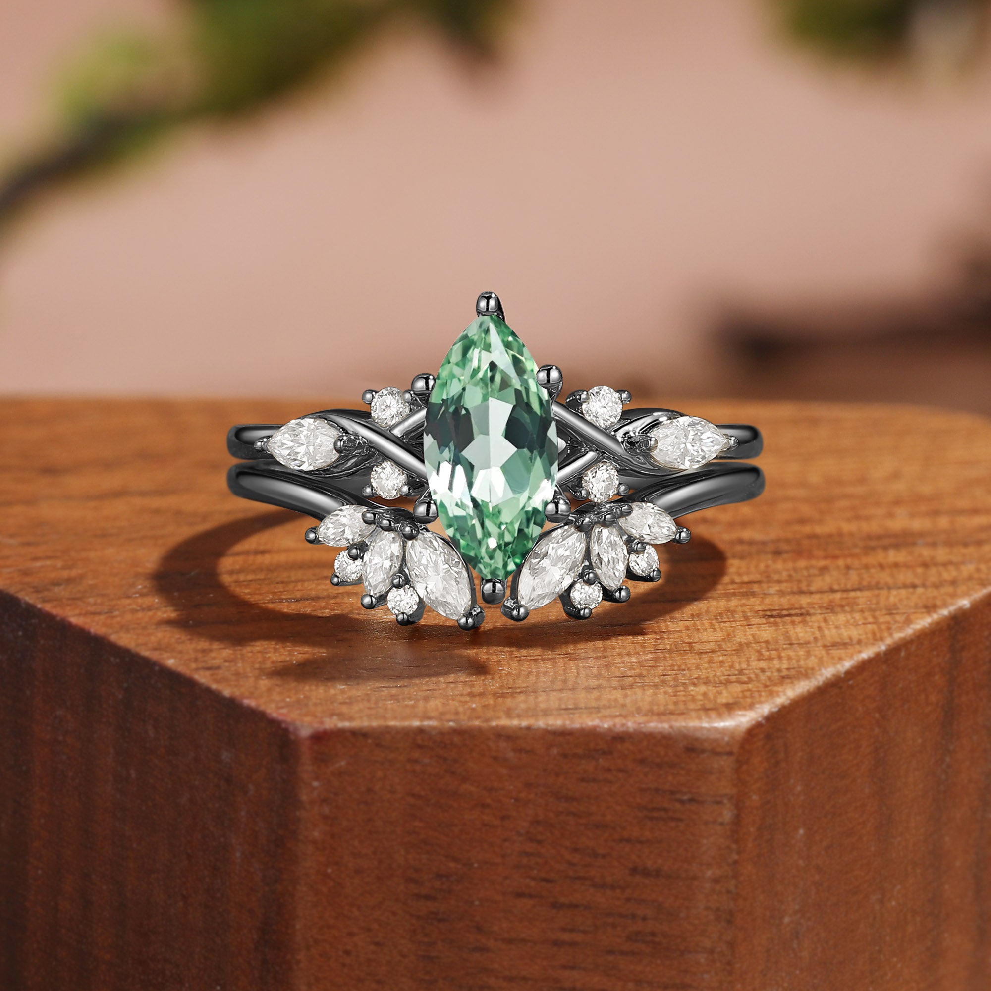 Vintage Marquise Cut Green Moissanite Leafy Floral Cluster Bridal Set 2pcs - Ivy