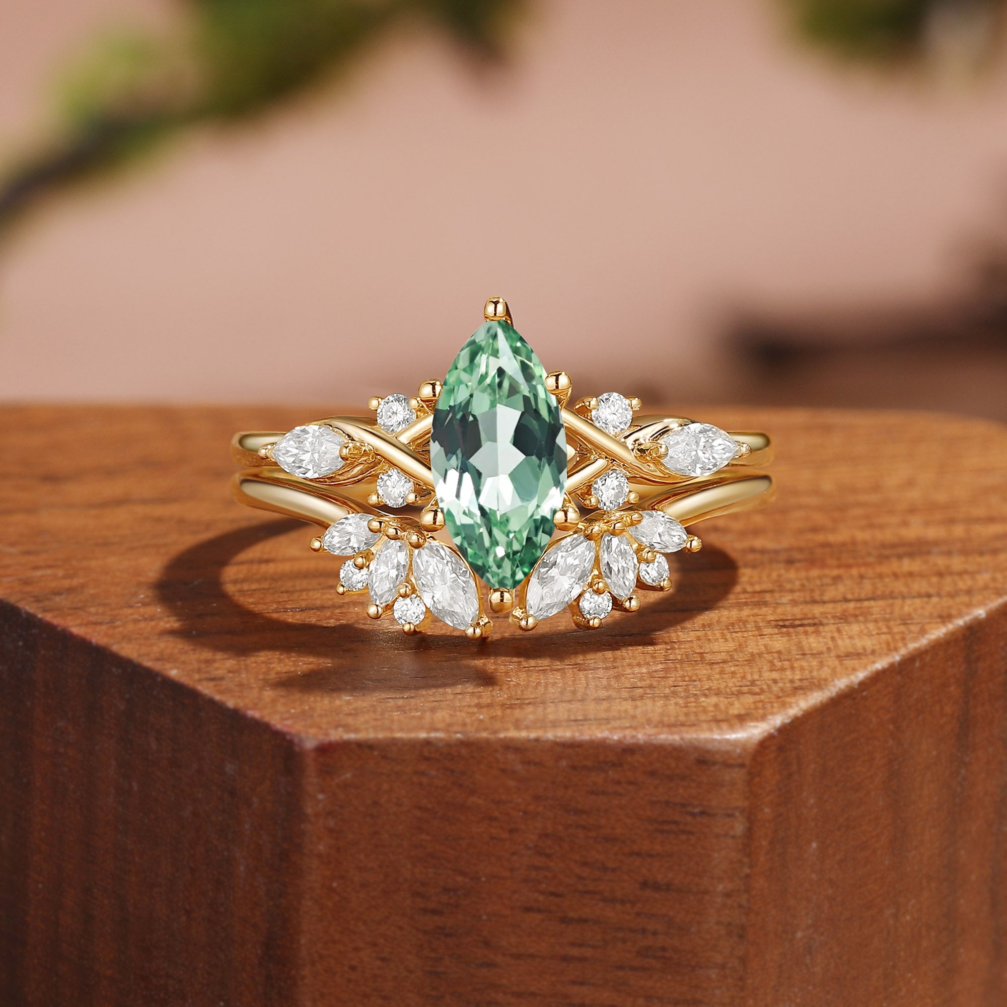 Vintage Marquise Cut Green Moissanite Leafy Floral Cluster Bridal Set 2pcs - Ivy