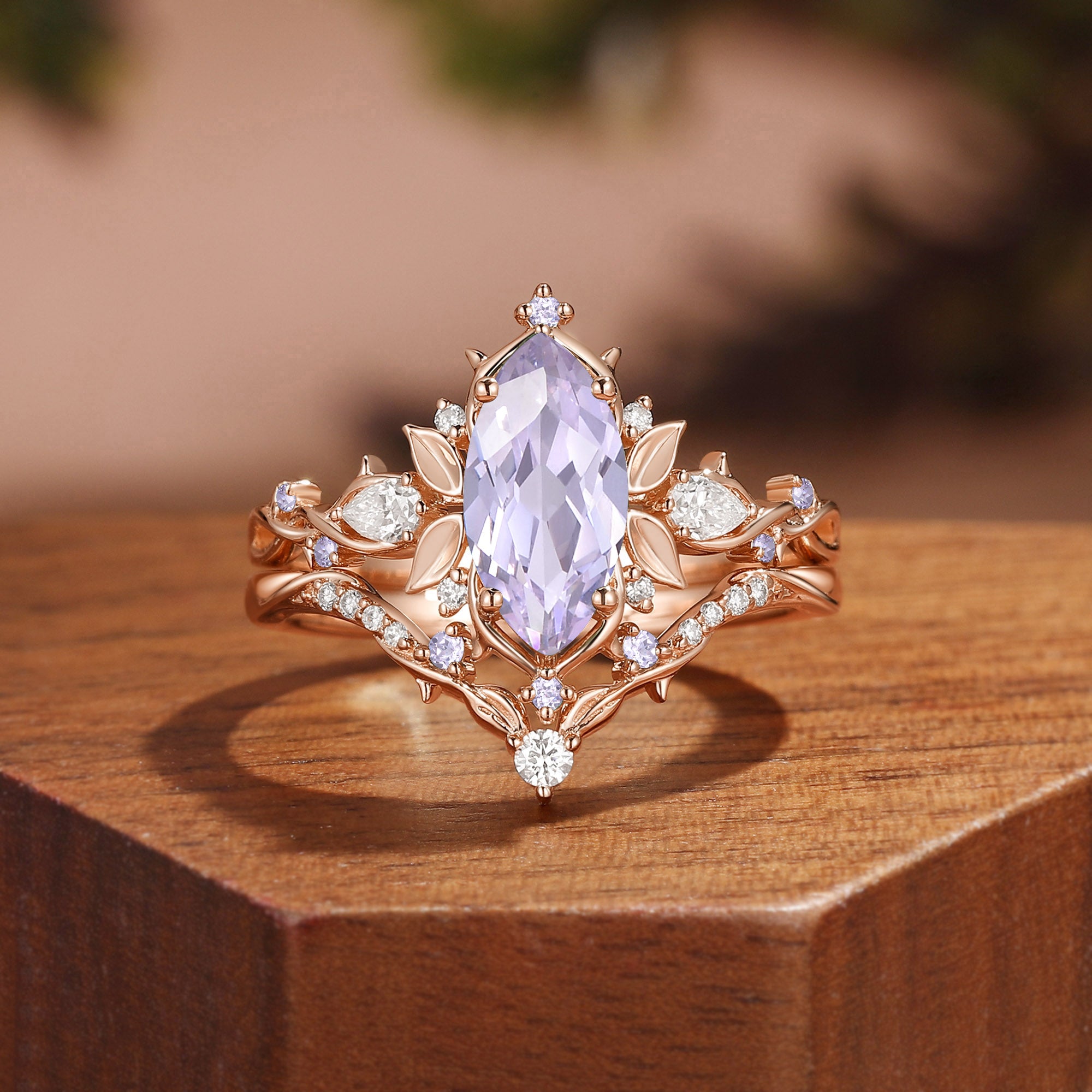 Forest Fairy Marquise Cut Lavender Sapphire Leafy Inspired Bridal Set 2pcs - Fae