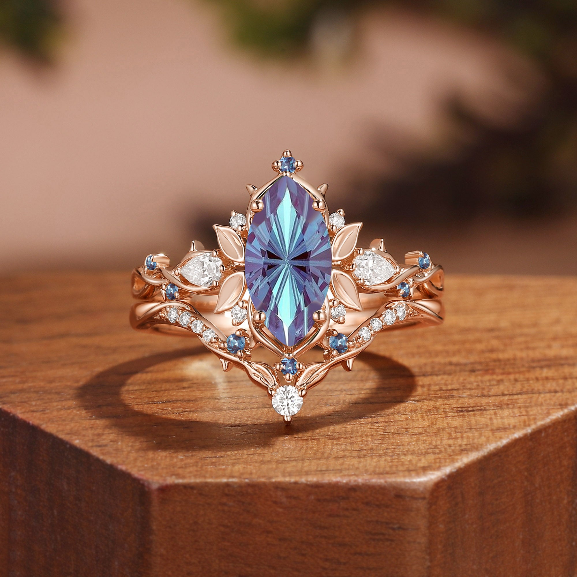 Forest Fairy Marquise Firework Cut Alexandrite Leafy Inspired Bridal Set 2pcs - Fae
