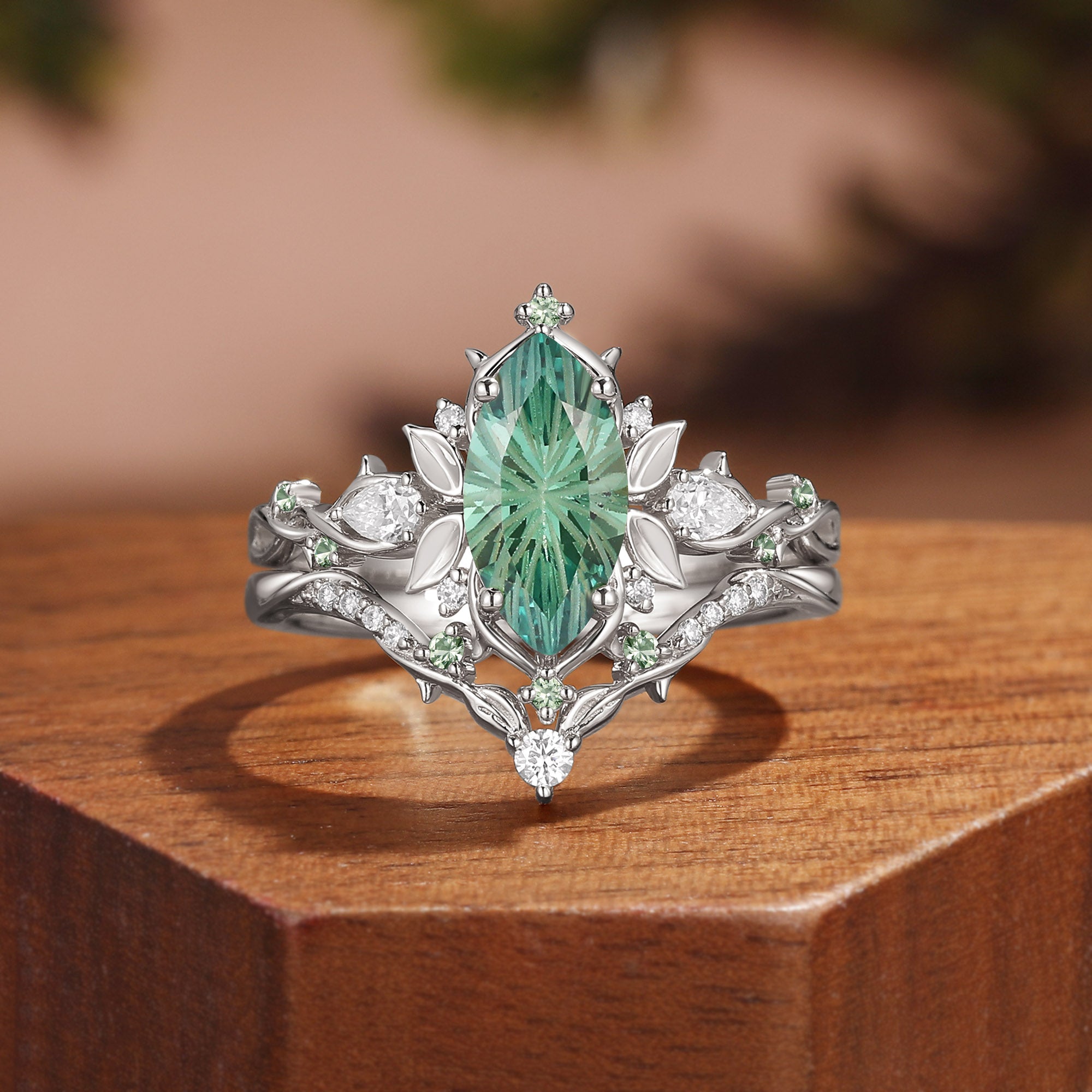 Forest Fairy Marquise Firework Cut Green Sapphire Leafy Inspired Bridal Set 2pcs - Fae