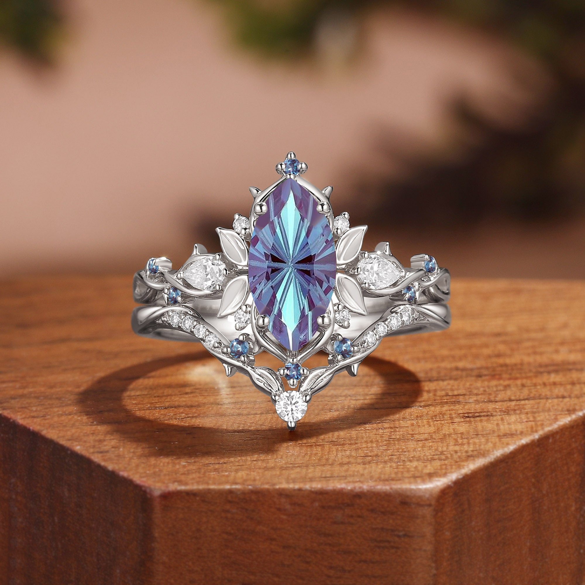 Forest Fairy Marquise Firework Cut Alexandrite Leafy Inspired Bridal Set 2pcs - Fae