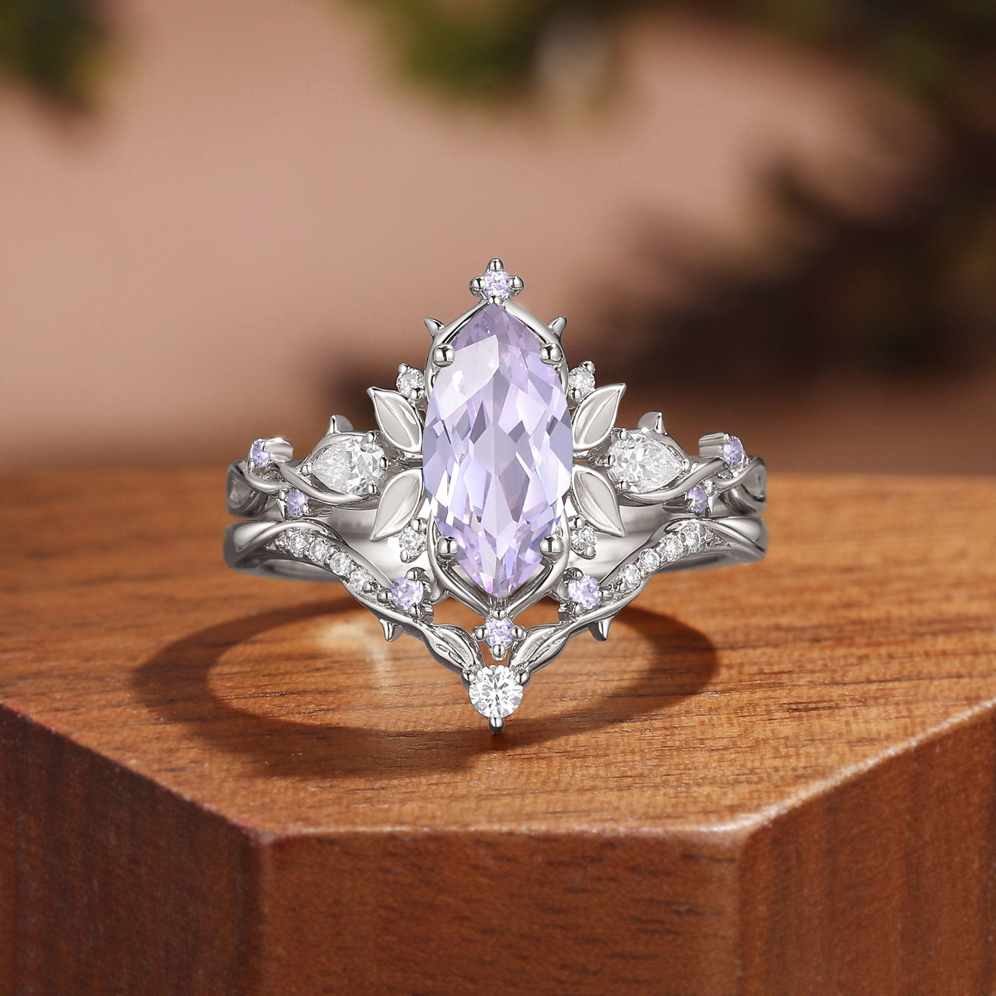 Forest Fairy Marquise Cut Lavender Sapphire Leafy Inspired Bridal Set 2pcs - Fae