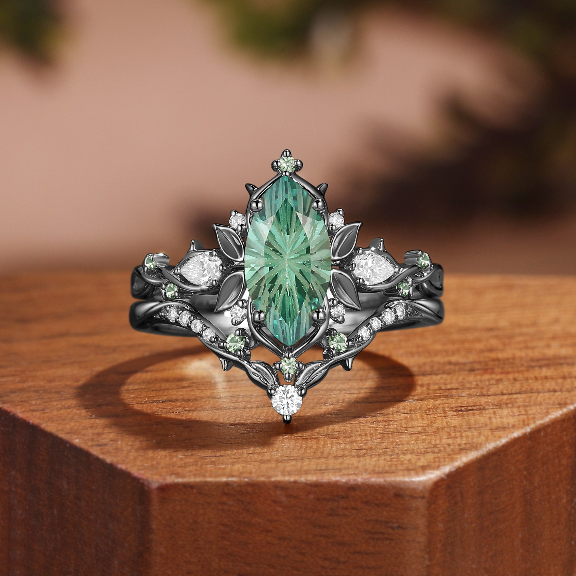 Forest Fairy Marquise Firework Cut Green Sapphire Leafy Inspired Bridal Set 2pcs - Fae