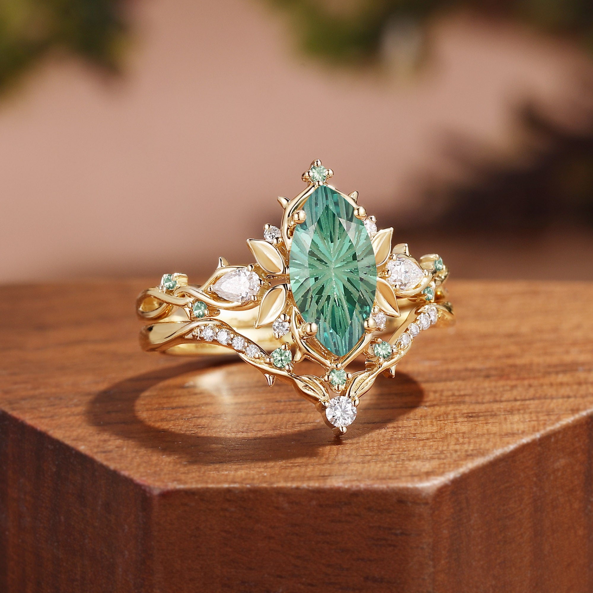 Forest Fairy Marquise Firework Cut Green Sapphire Leafy Inspired Bridal Set 2pcs - Fae