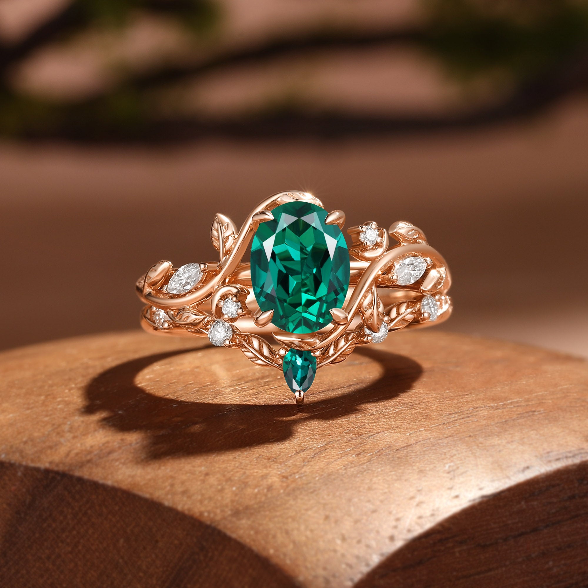 Oval Cut Lab Emerald Branch Leafy Inspired Bridal Set 2pcs - Désirée