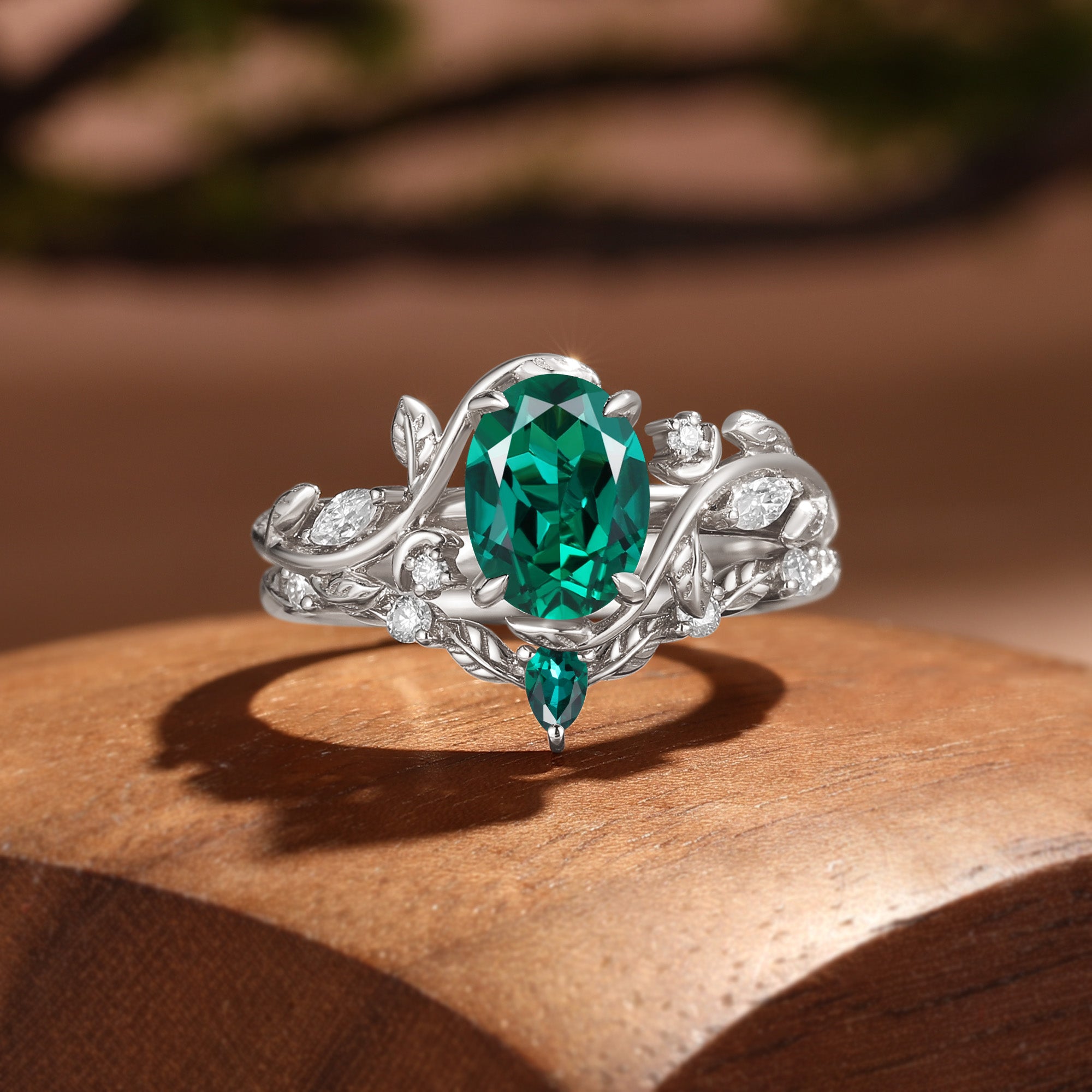 Oval Cut Lab Emerald Branch Leafy Inspired Bridal Set 2pcs - Désirée