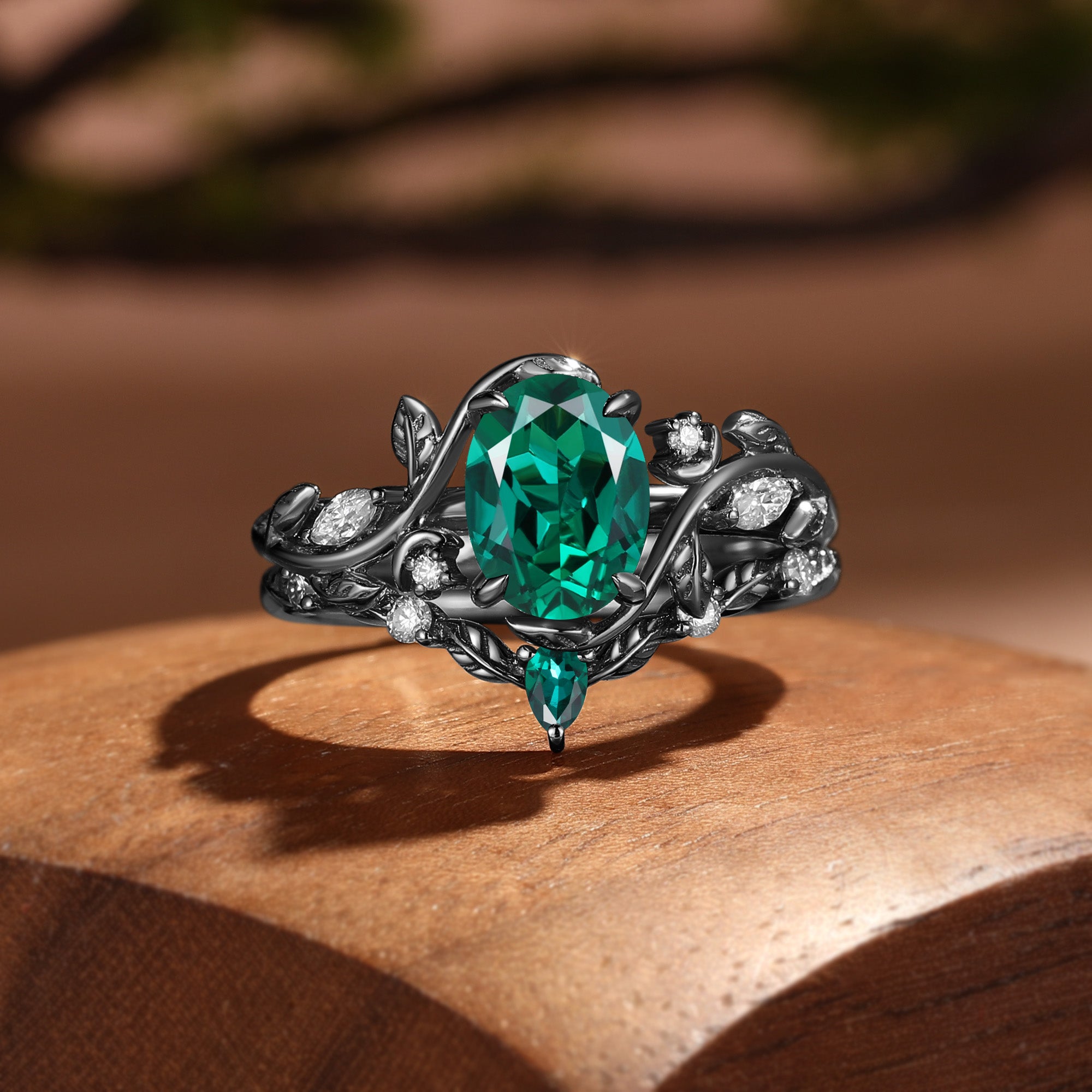 Oval Cut Lab Emerald Branch Leafy Inspired Bridal Set 2pcs - Désirée