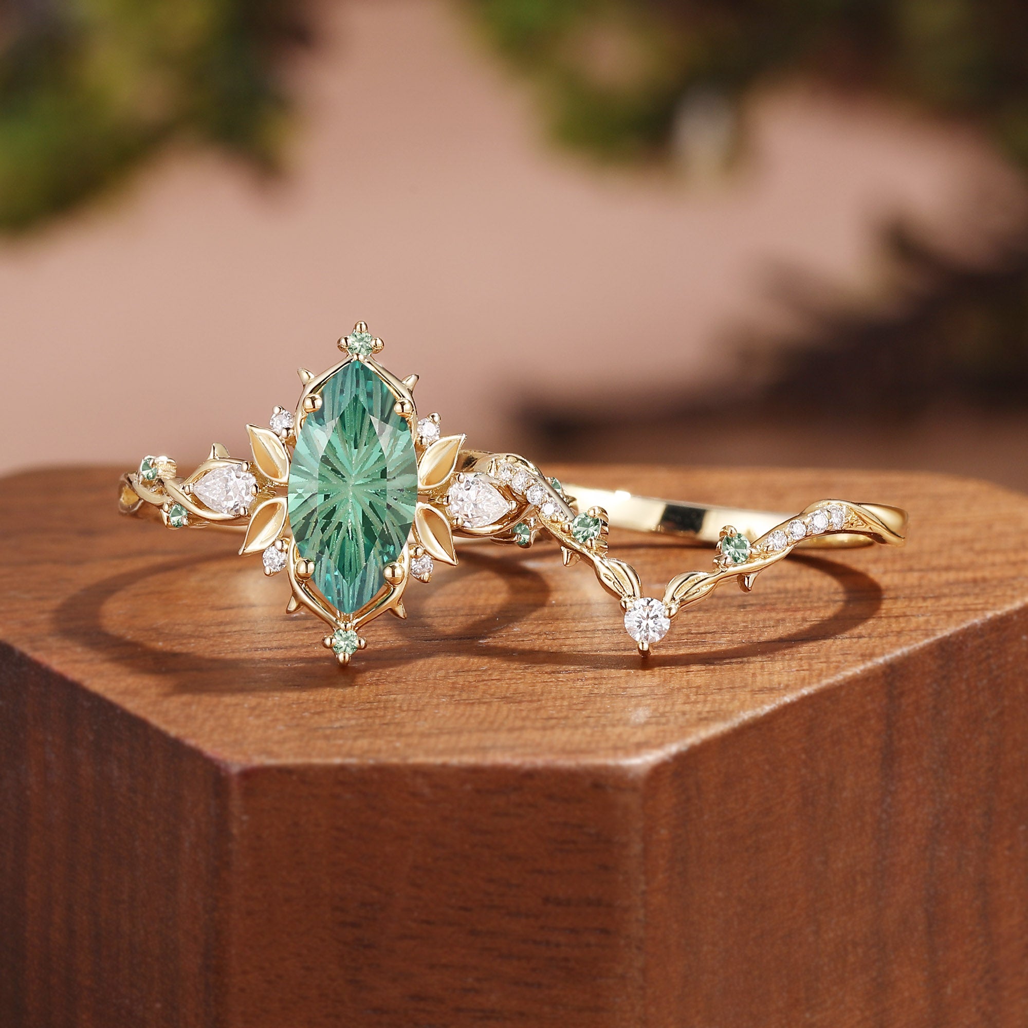 Forest Fairy Marquise Firework Cut Green Sapphire Leafy Inspired Bridal Set 2pcs - Fae
