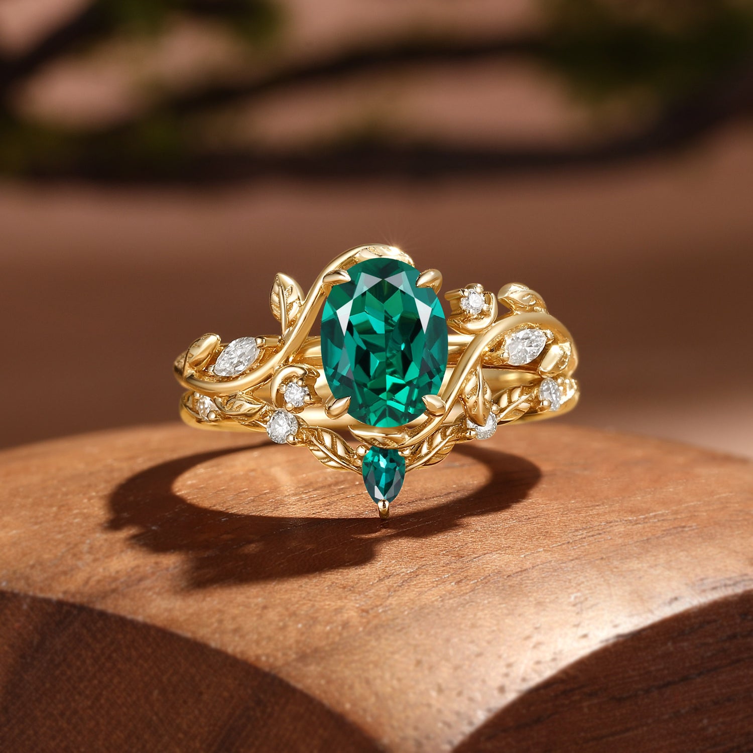 Oval Cut Lab Emerald Branch Leafy Inspired Bridal Set 2pcs - Désirée