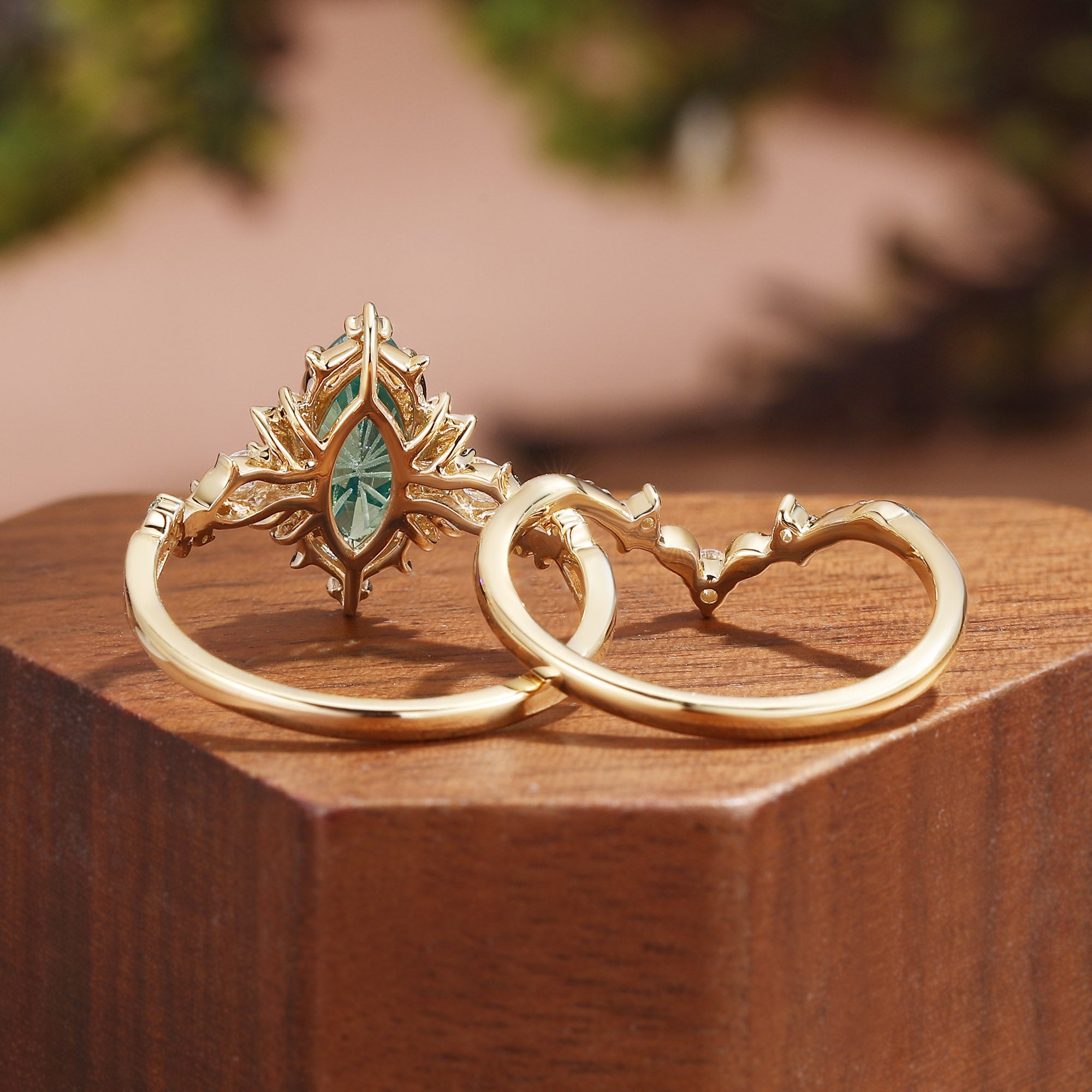 Forest Fairy Marquise Firework Cut Green Sapphire Leafy Inspired Bridal Set 2pcs - Fae