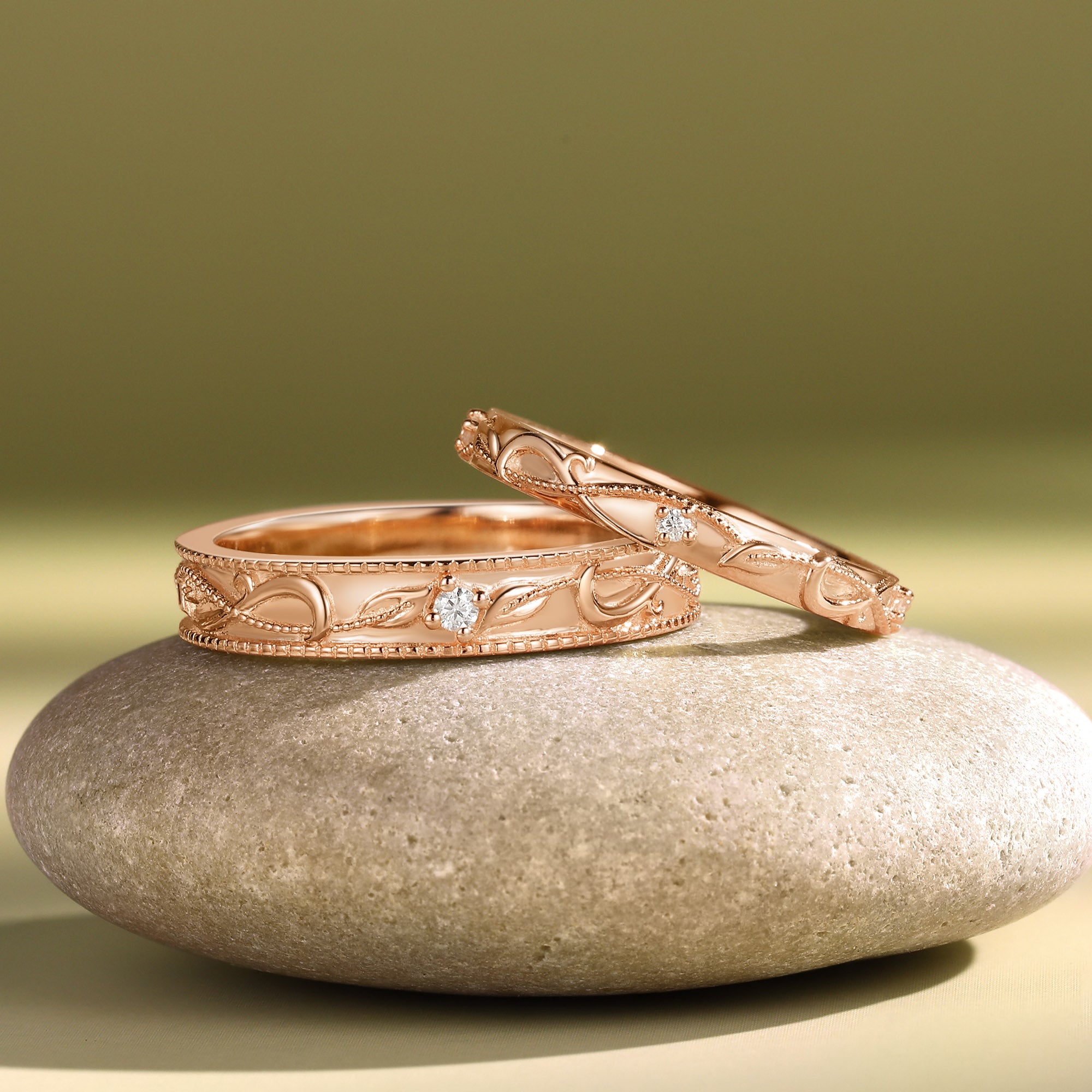 Vintage Floral Vine Leaf Moissanite Accent Milgrain Couple Wedding Band - Maeve