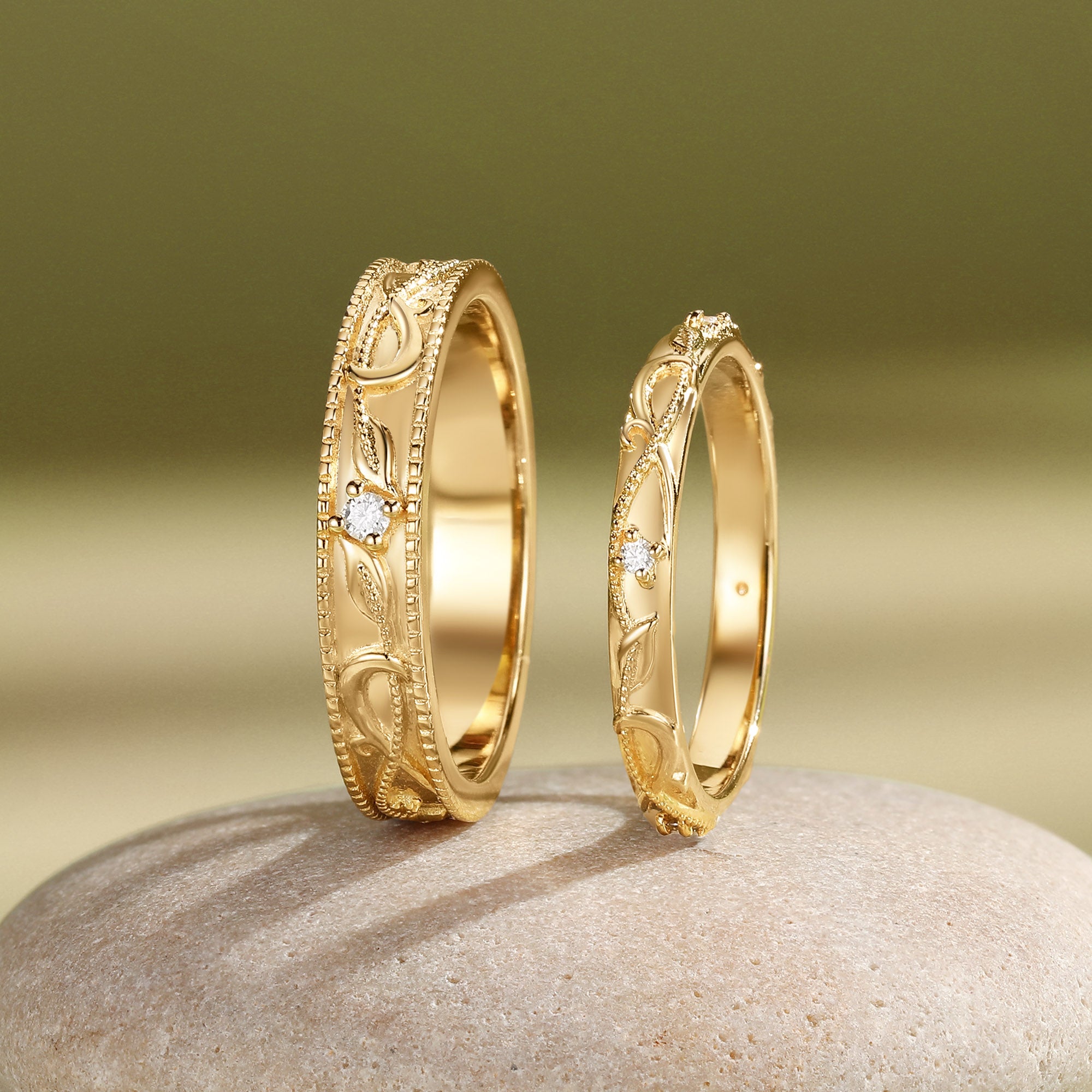 Vintage Floral Vine Leaf Moissanite Accent Milgrain Couple Wedding Band - Maeve