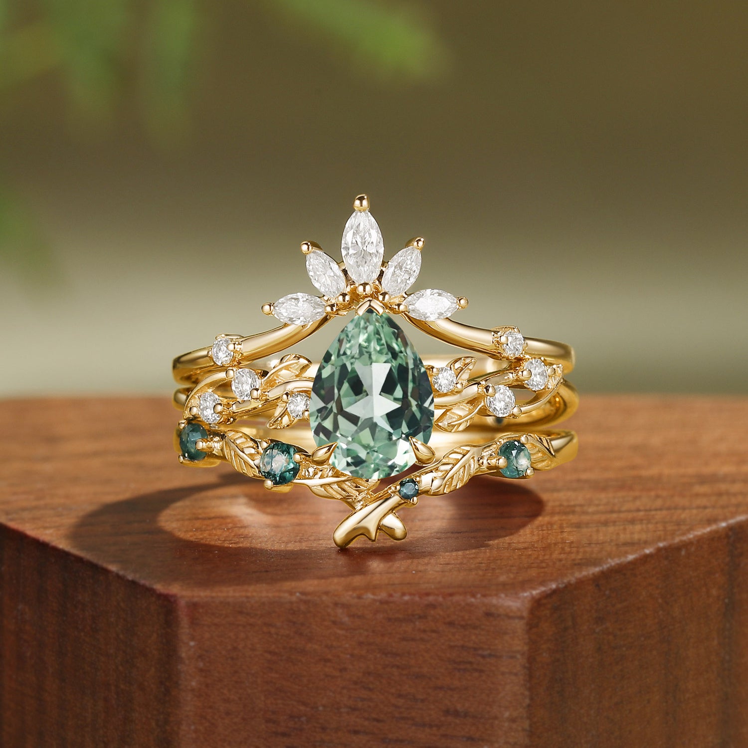 Lab Mint Green Sapphire Pear Cut Leafy Bridal Set 3pcs - Clarissa