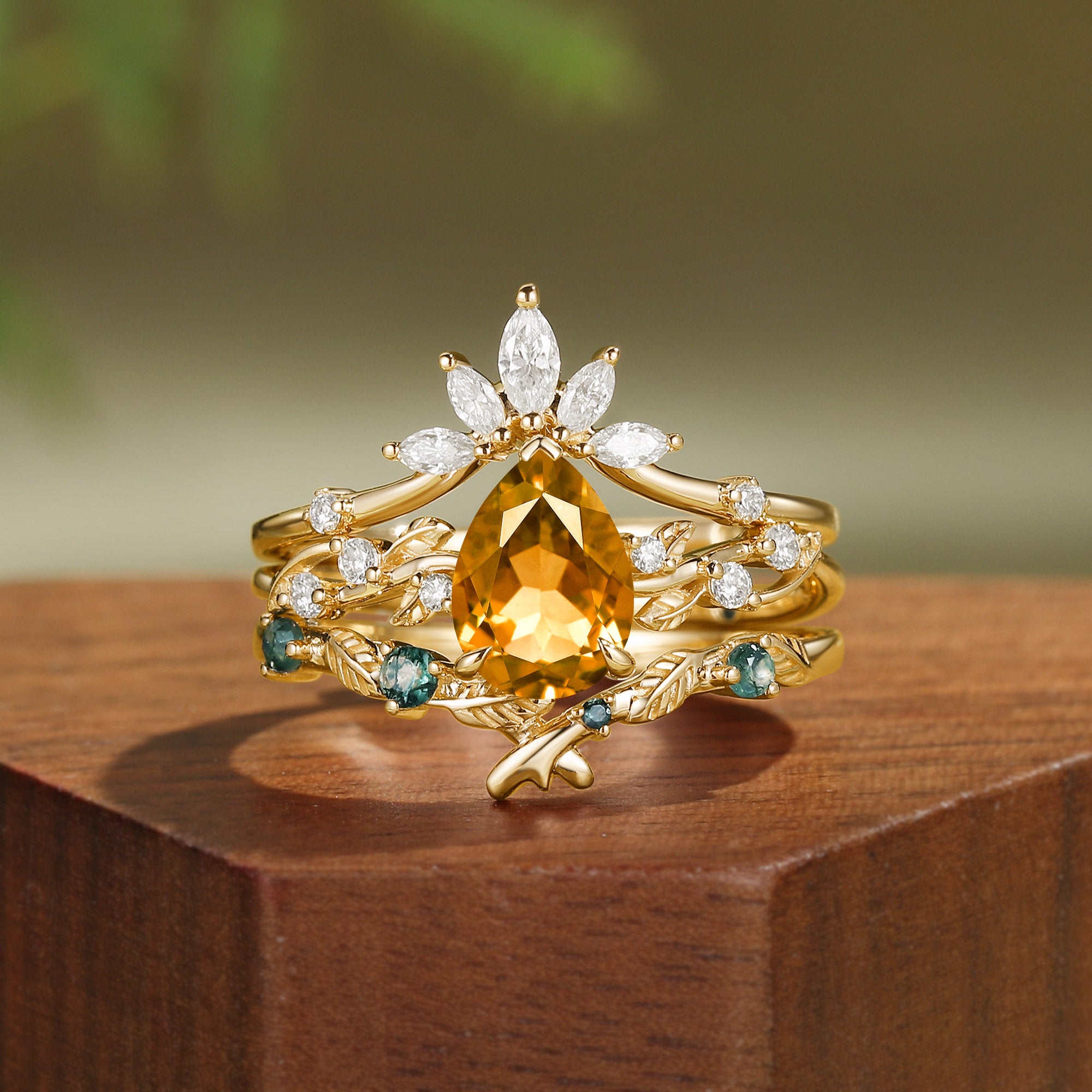 Nature Inspired Citrine Pear Cut Leafy Bridal Set 3pcs - Clarissa