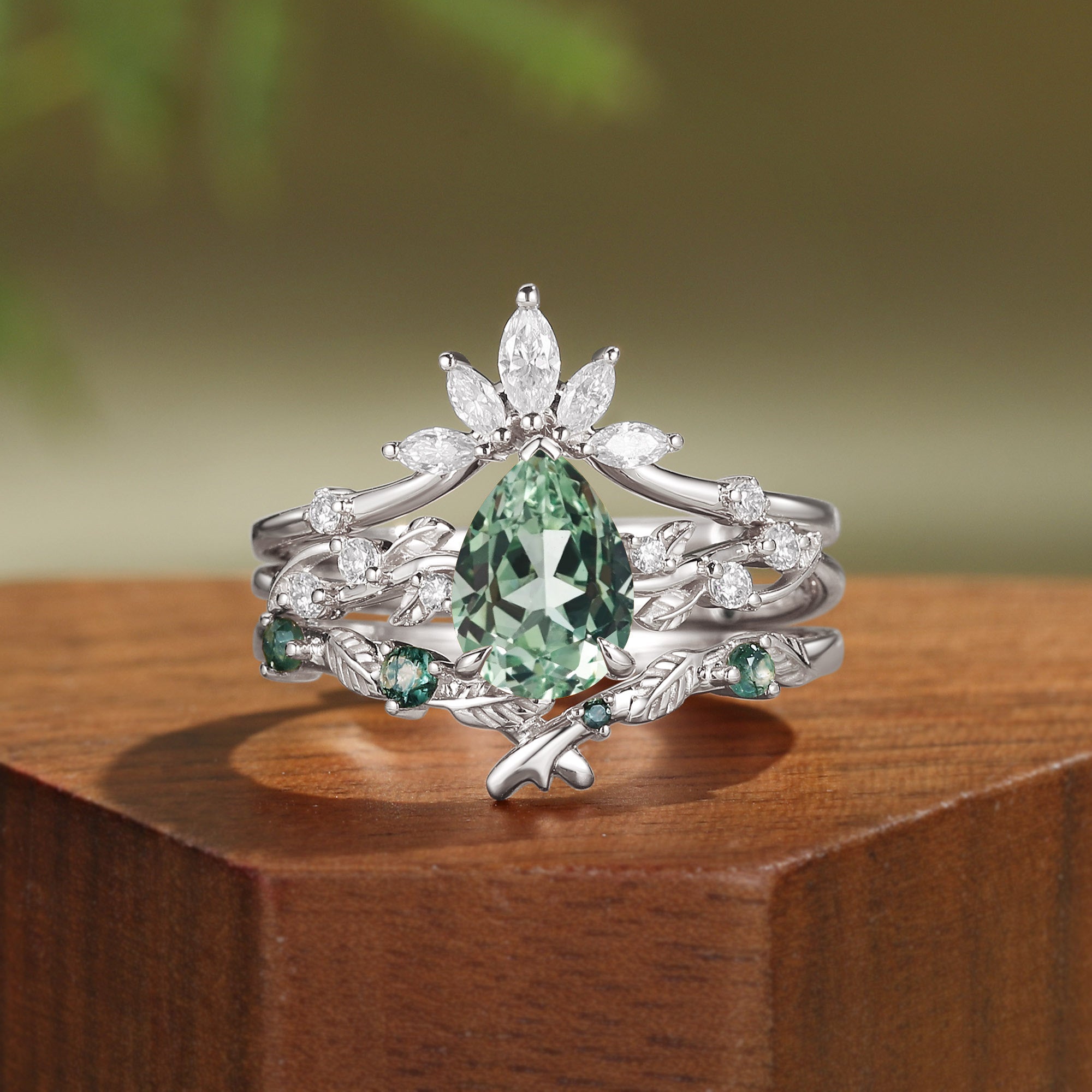 Lab Mint Green Sapphire Pear Cut Leafy Bridal Set 3pcs - Clarissa