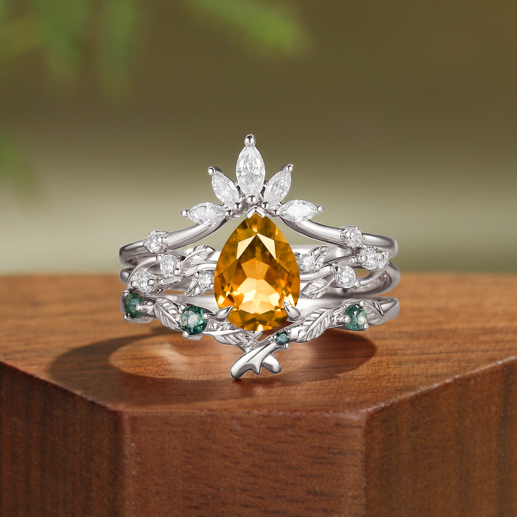 Nature Inspired Citrine Pear Cut Leafy Bridal Set 3pcs - Clarissa