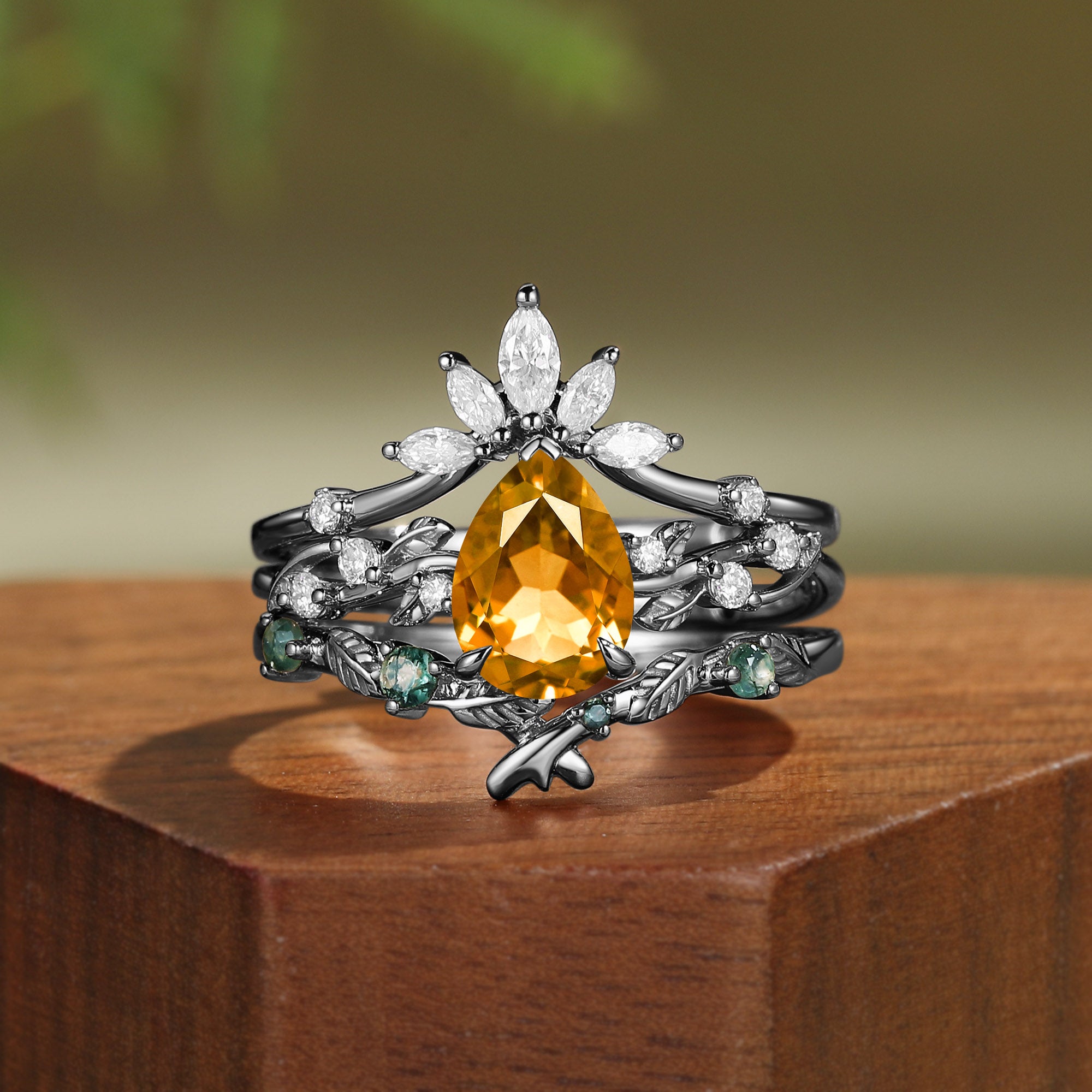 Nature Inspired Citrine Pear Cut Leafy Bridal Set 3pcs - Clarissa