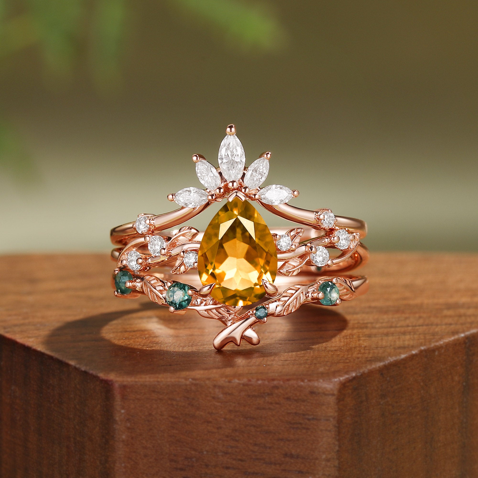 Nature Inspired Citrine Pear Cut Leafy Bridal Set 3pcs - Clarissa