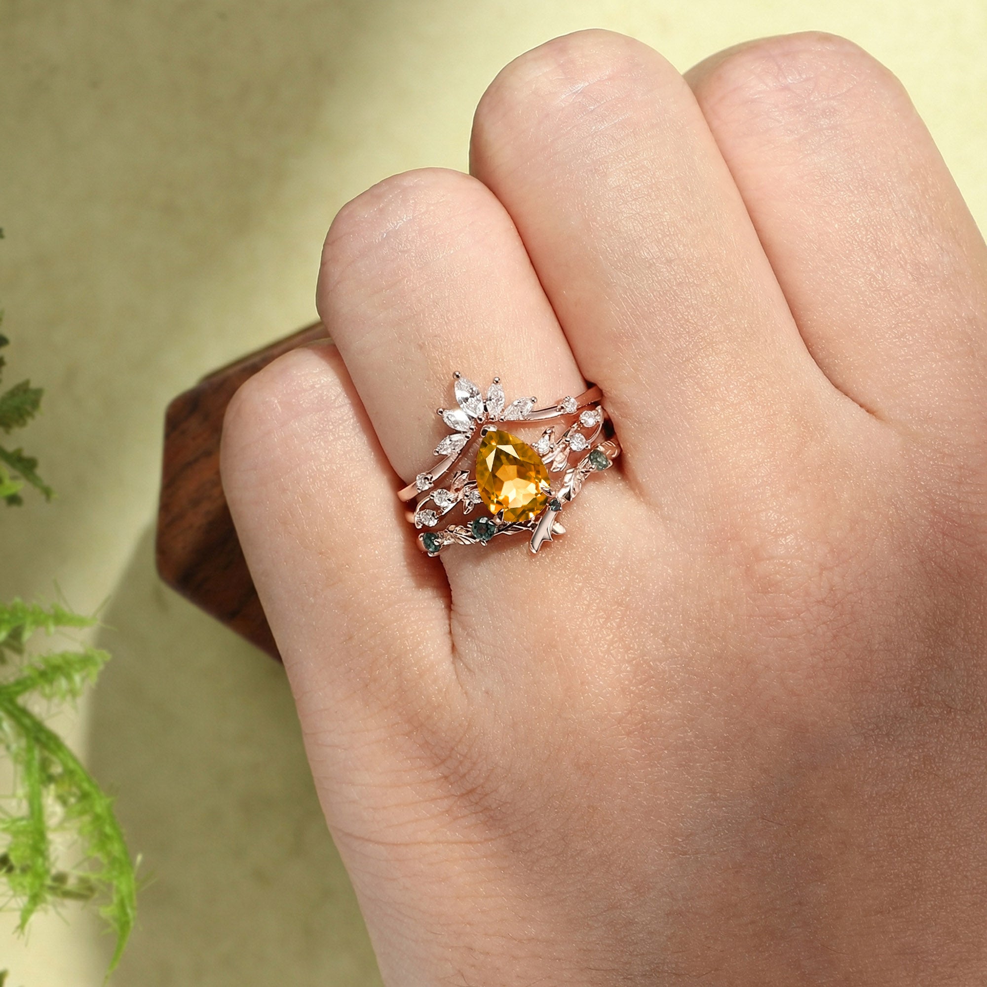 Nature Inspired Citrine Pear Cut Leafy Bridal Set 3pcs - Clarissa