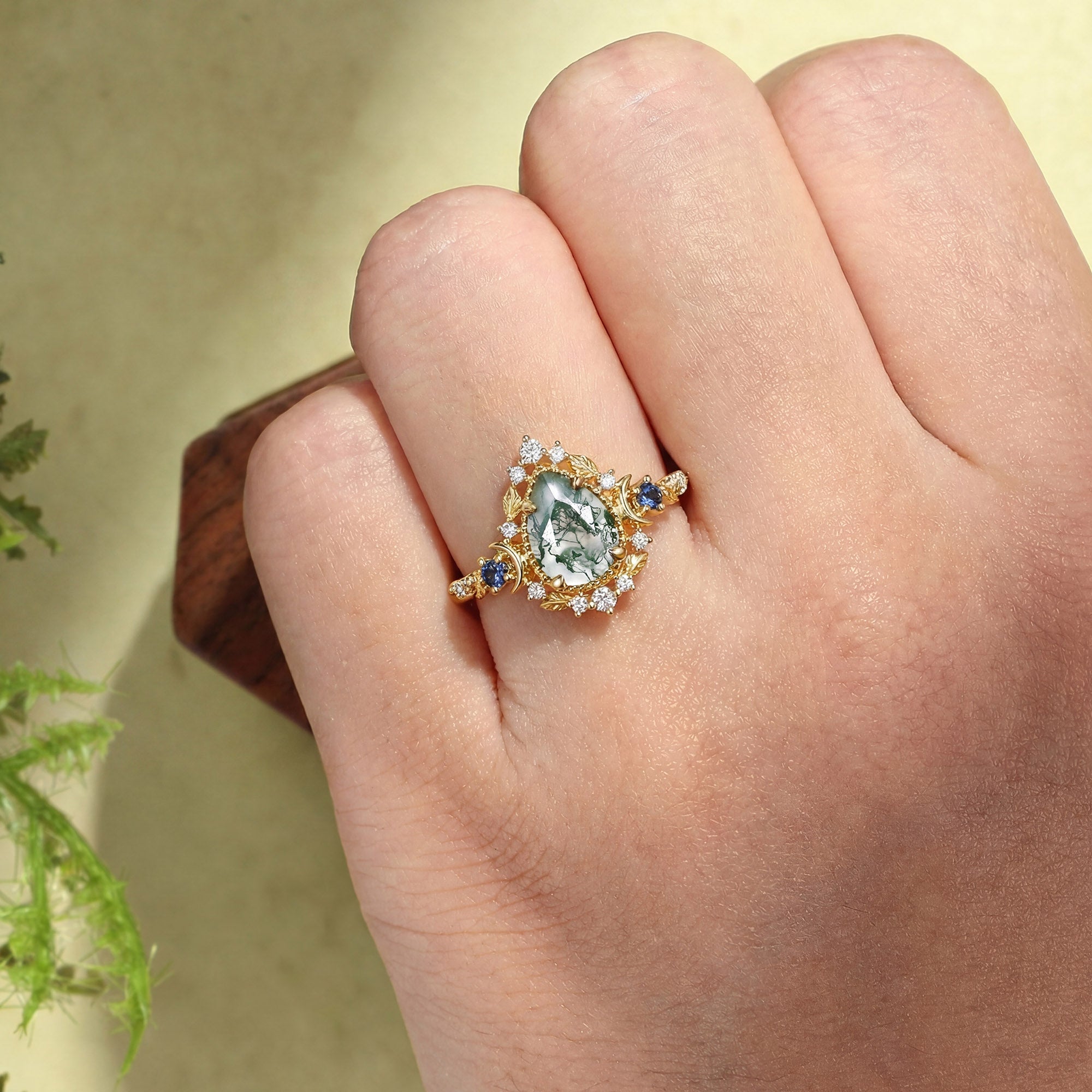 Yuna - Unique Moonlight Nature Themed Moss Agate Pear Cut Engagement Ring
