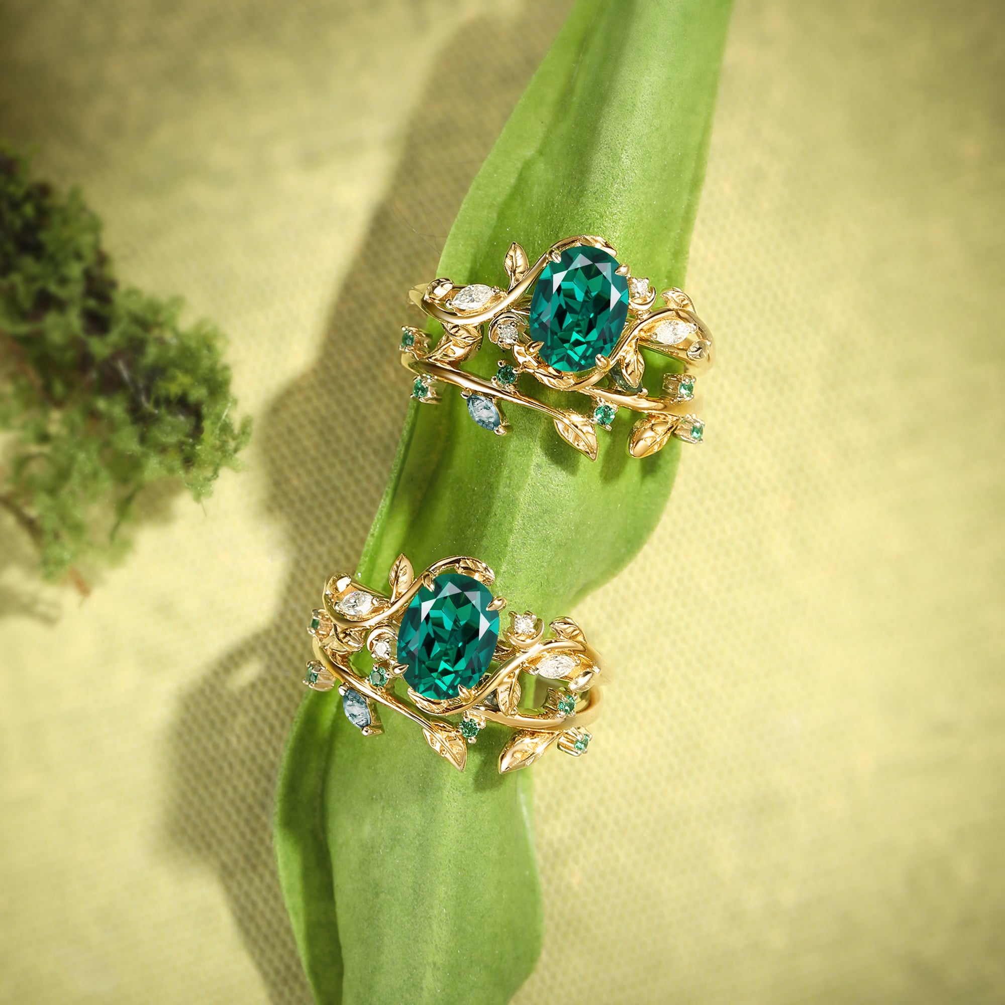 Désirée - Oval Cut Lab Emerald Branch Leafy Engagement Ring Set 2pcs