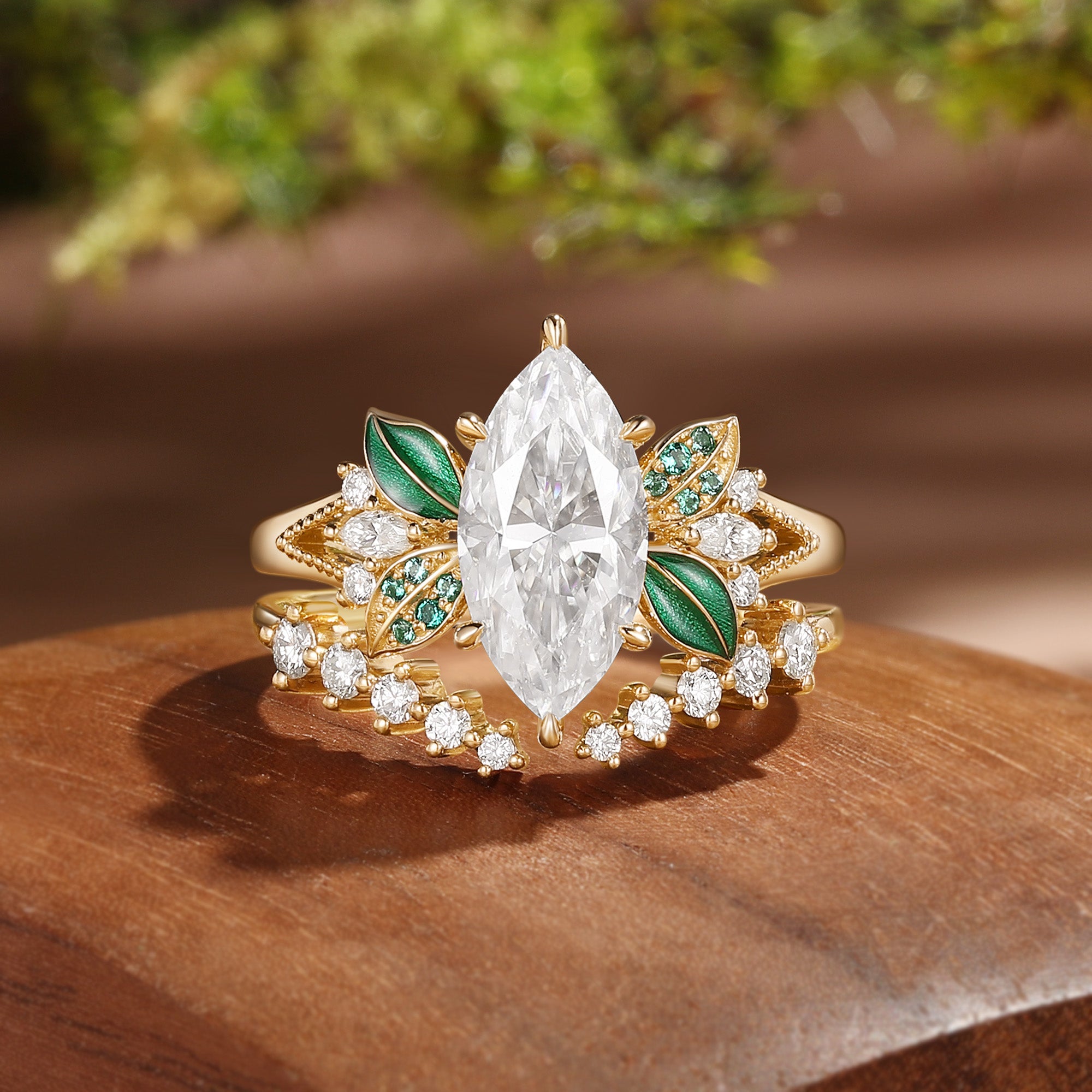 Vivi - 1.5CT Unique Marquise Moissanite Green Enamel Leafy Fairy Bridal Set 2Pcs