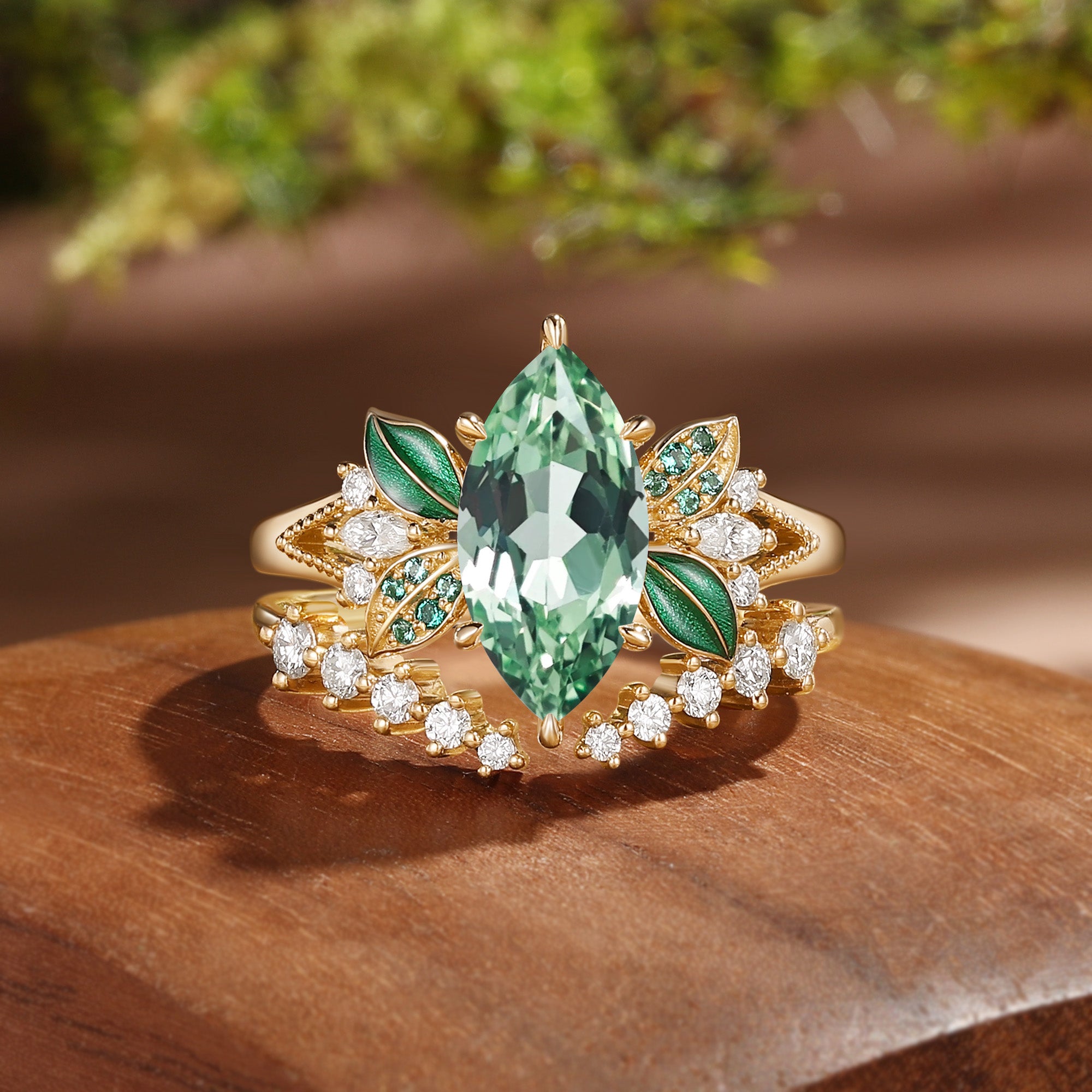 Vivi - 1.5CT Marquise Green Sapphire Green Enamel Leafy Fairy Bridal Set 2Pcs