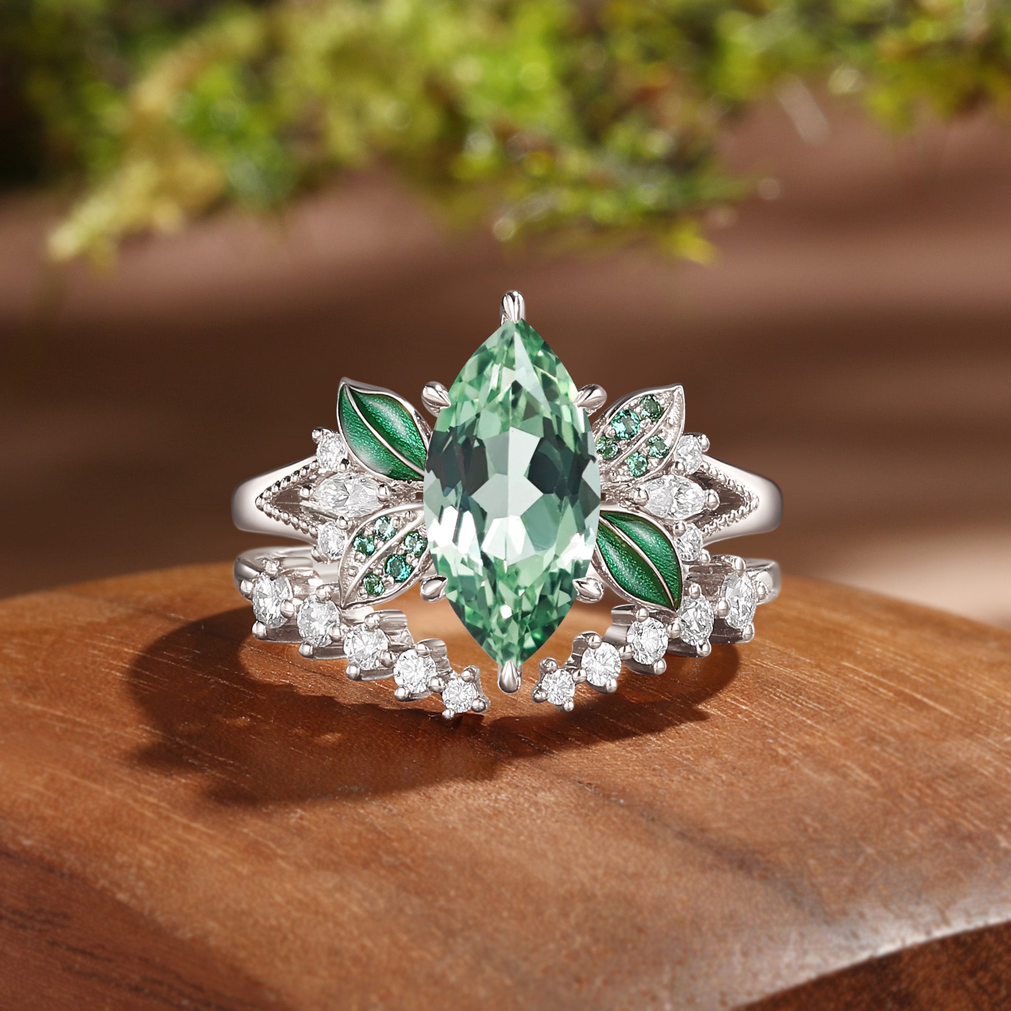 Vivi - 1.5CT Marquise Green Sapphire Green Enamel Leafy Fairy Bridal Set 2Pcs