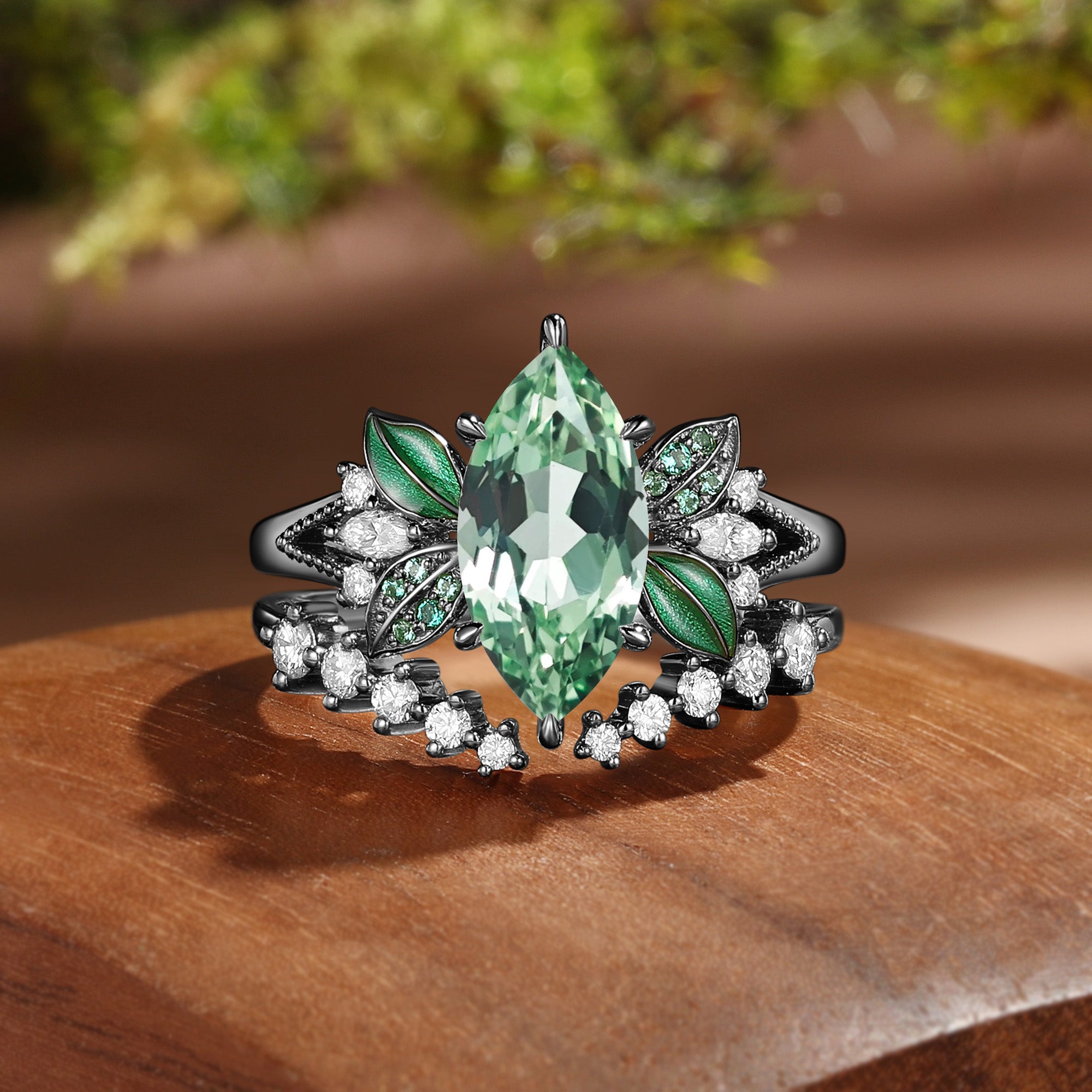 Vivi - 1.5CT Marquise Green Sapphire Green Enamel Leafy Fairy Bridal Set 2Pcs