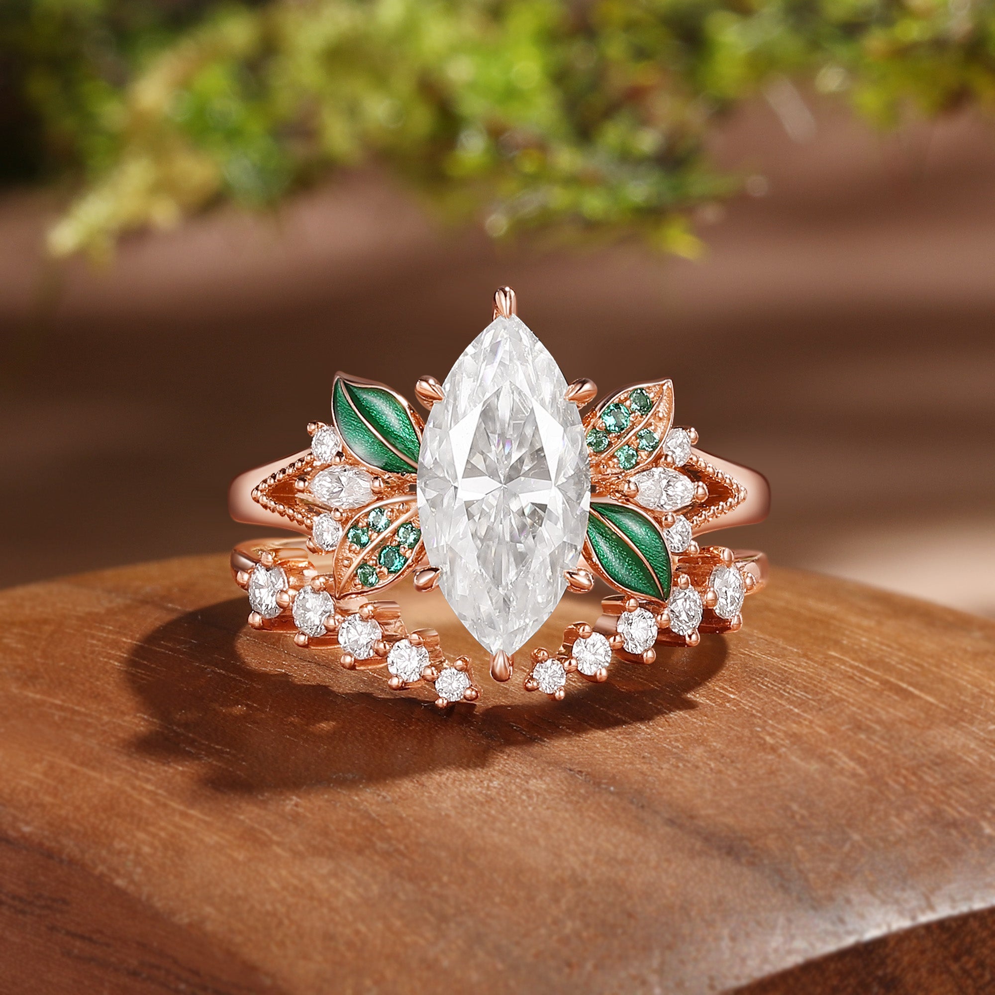 Vivi - 1.5CT Unique Marquise Moissanite Green Enamel Leafy Fairy Bridal Set 2Pcs