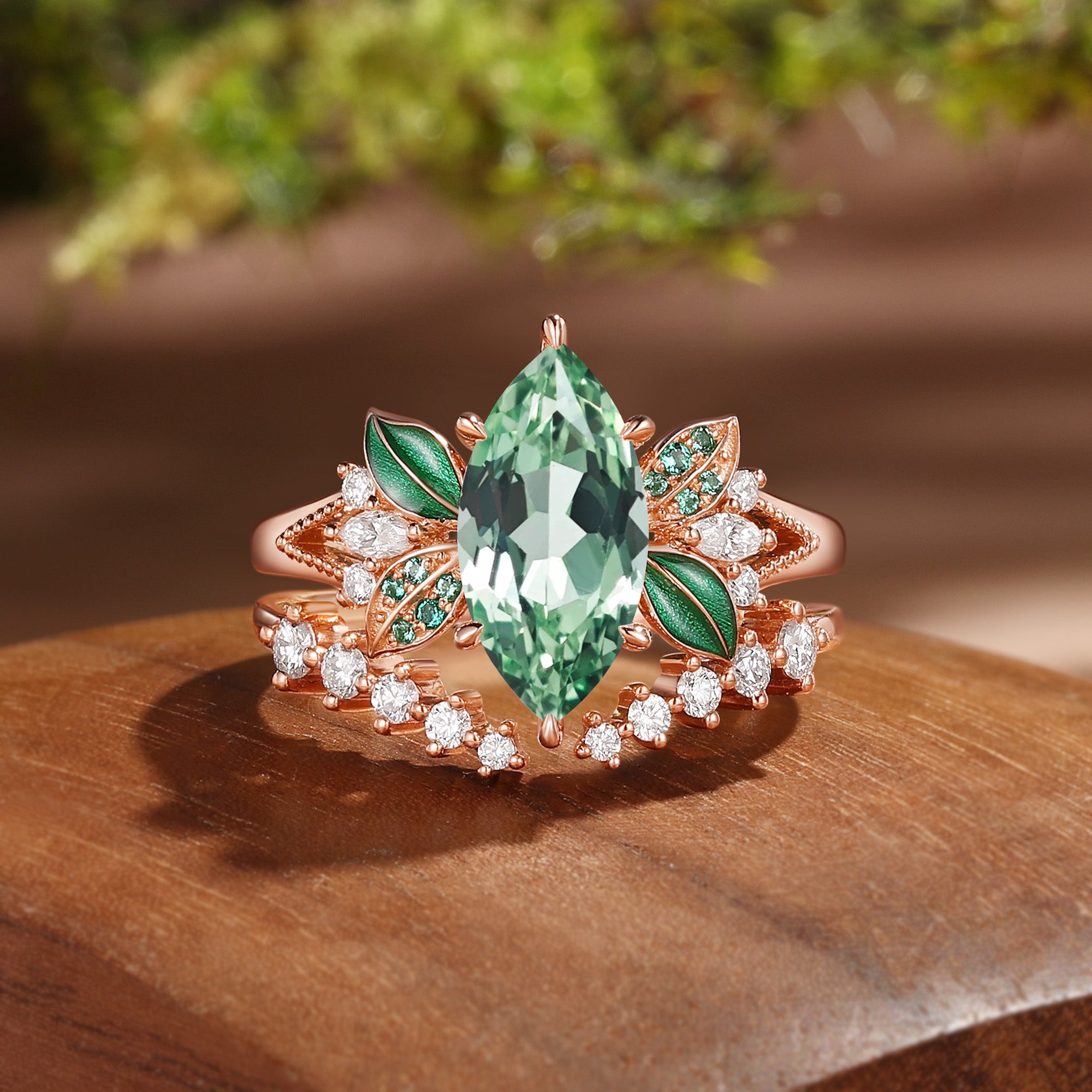 Vivi - 1.5CT Marquise Green Sapphire Green Enamel Leafy Fairy Bridal Set 2Pcs