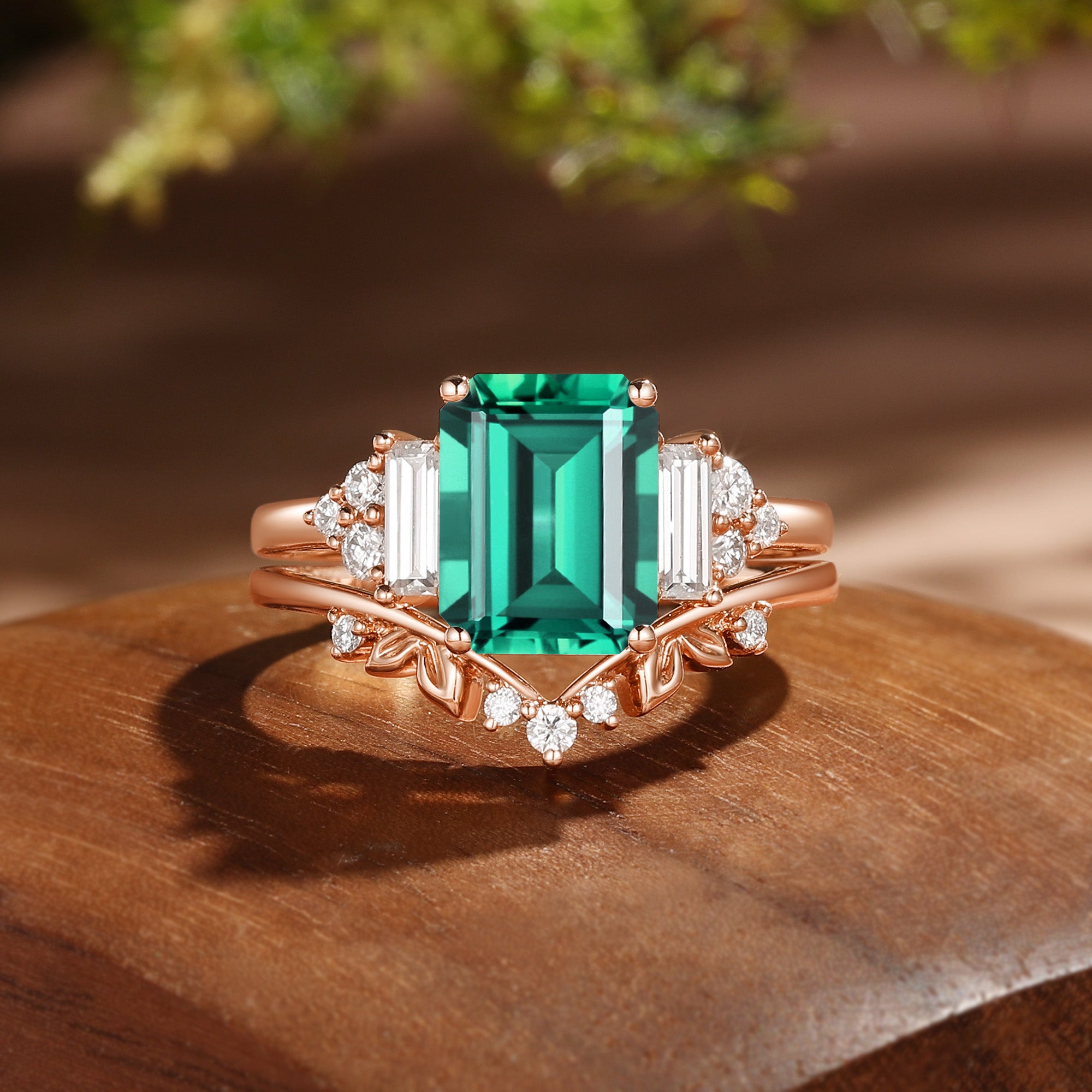 Gladys - Cluster Emerald Cut Lab Emerald Sapphire BlingFlare Bridal Set 2PCS