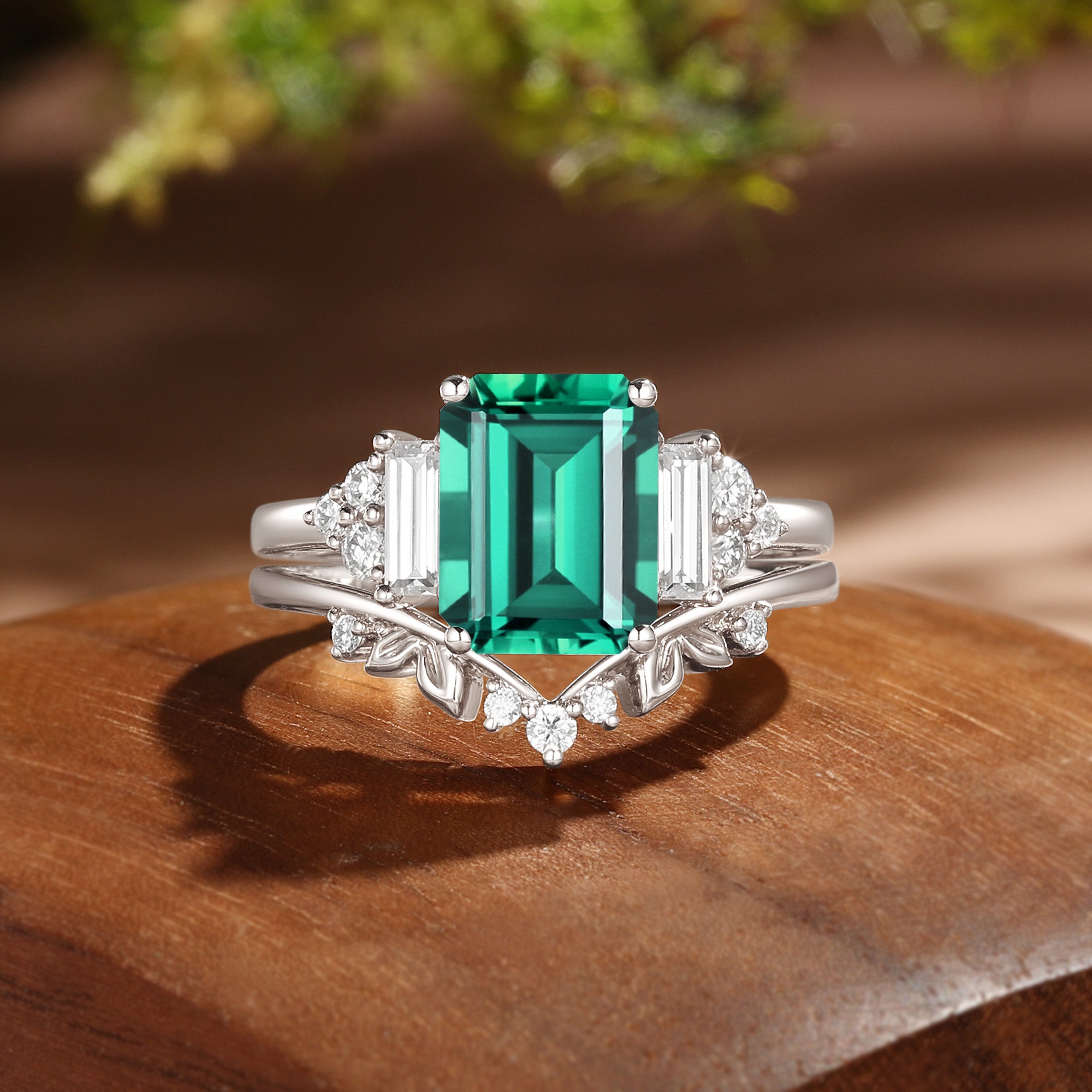 Gladys - Cluster Emerald Cut Lab Emerald Sapphire BlingFlare Bridal Set 2PCS